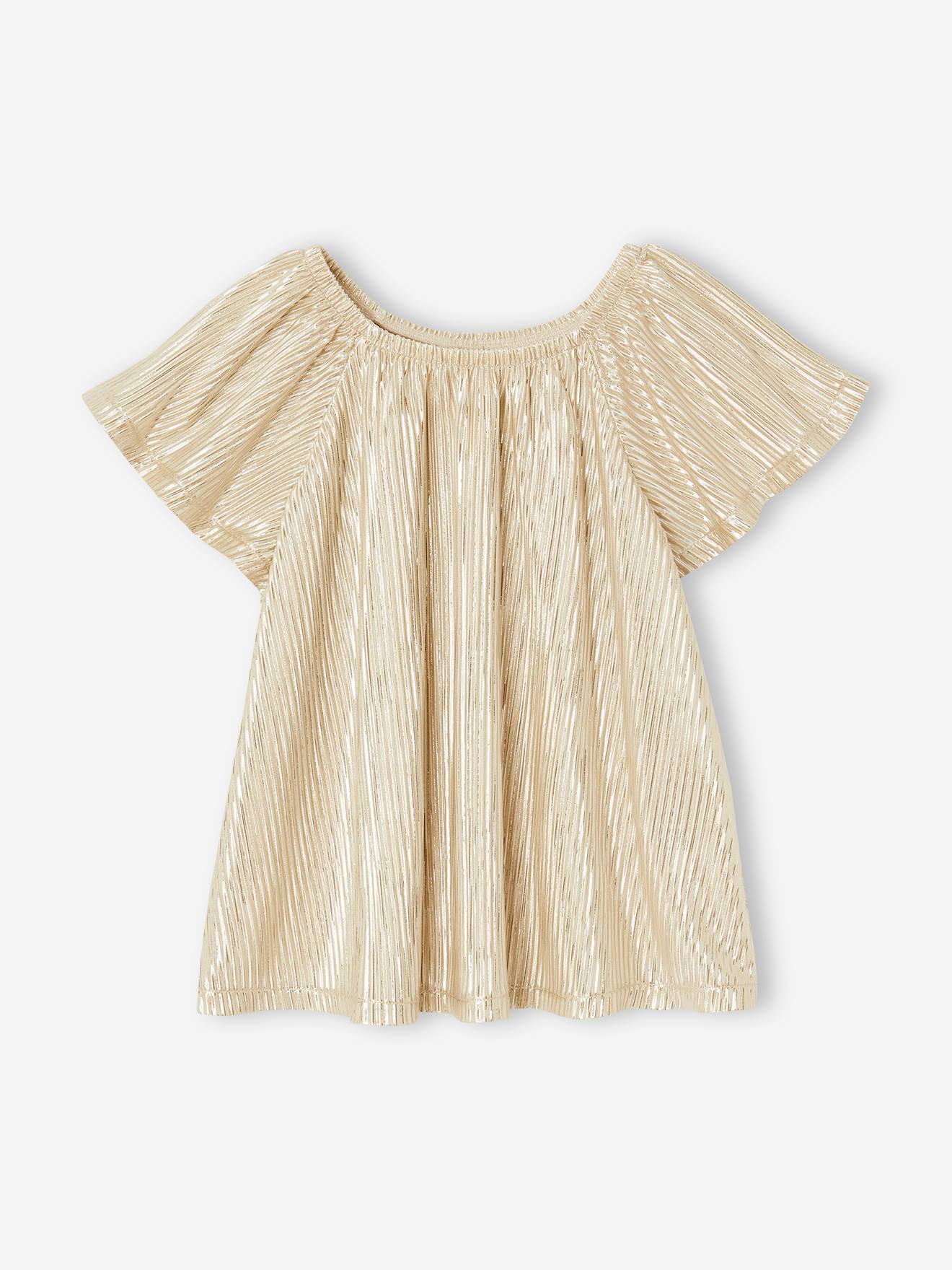 Blouse cérémonie en lamé effet plissé fille manches papillon or