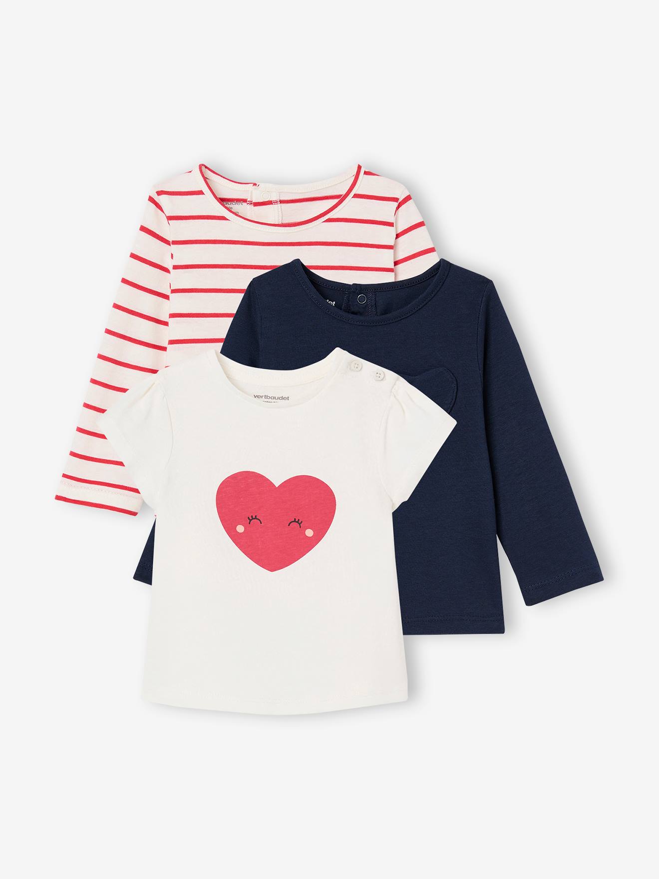 Lot de 3 t-shirts Basics fille manches longues rayé rouge