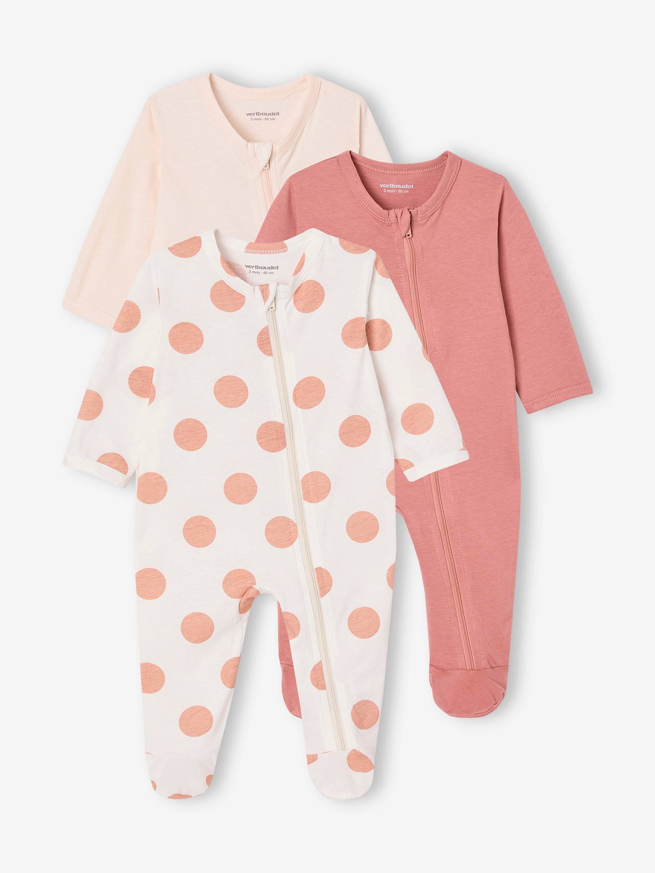 Lot de 3 pyjamas bébé en jersey ouverture zippée BASICS blush