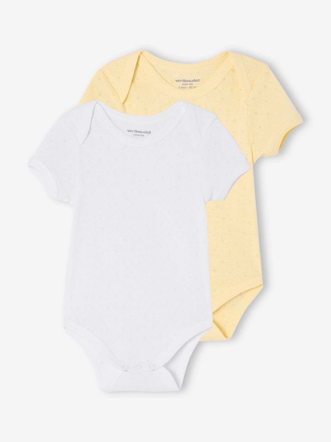 Lot de 2 bodies naissance manches courtes en maille pointelle jaune pâle