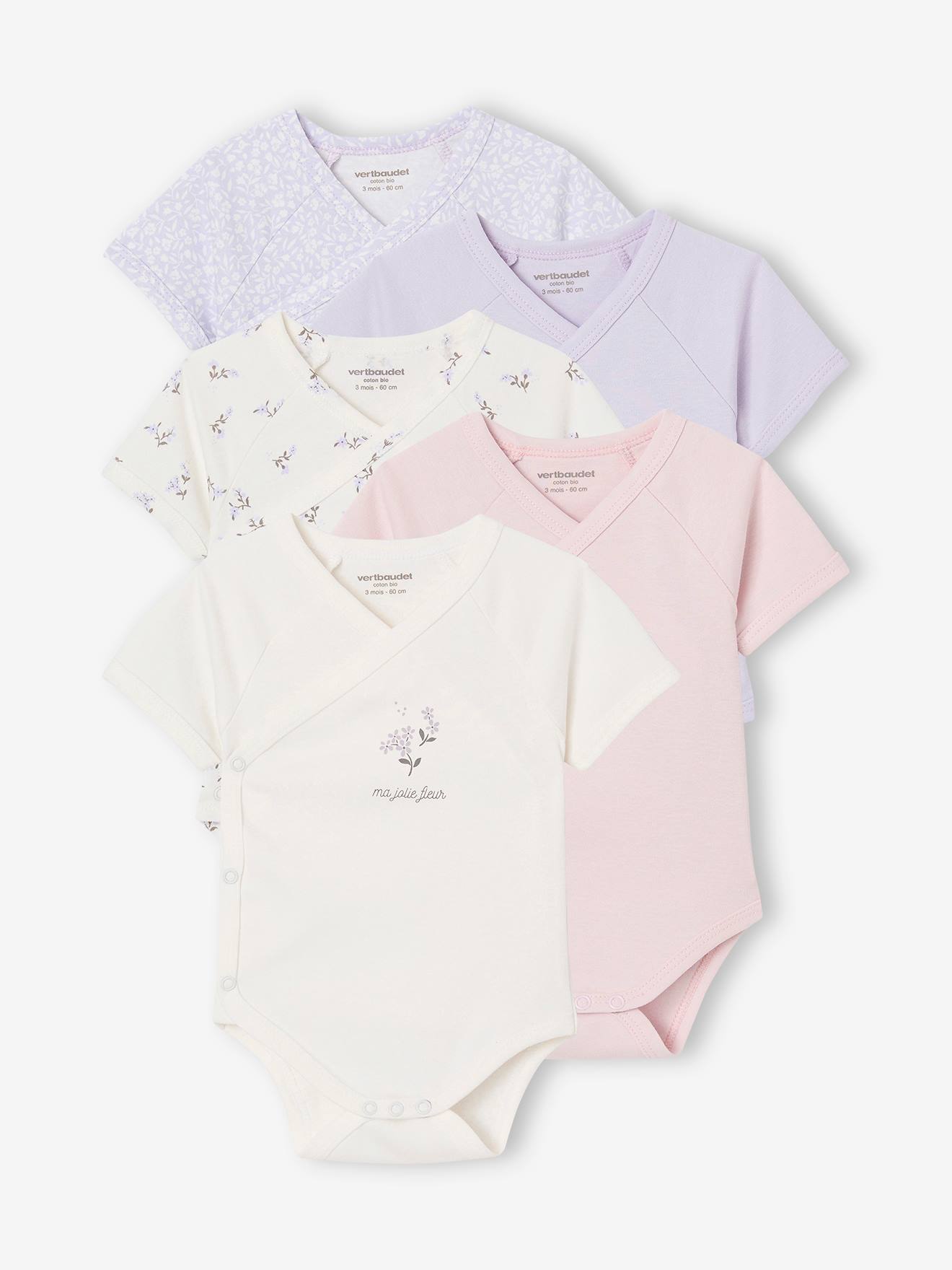 Lot de 5 bodies bébé ouverture naissance lilas