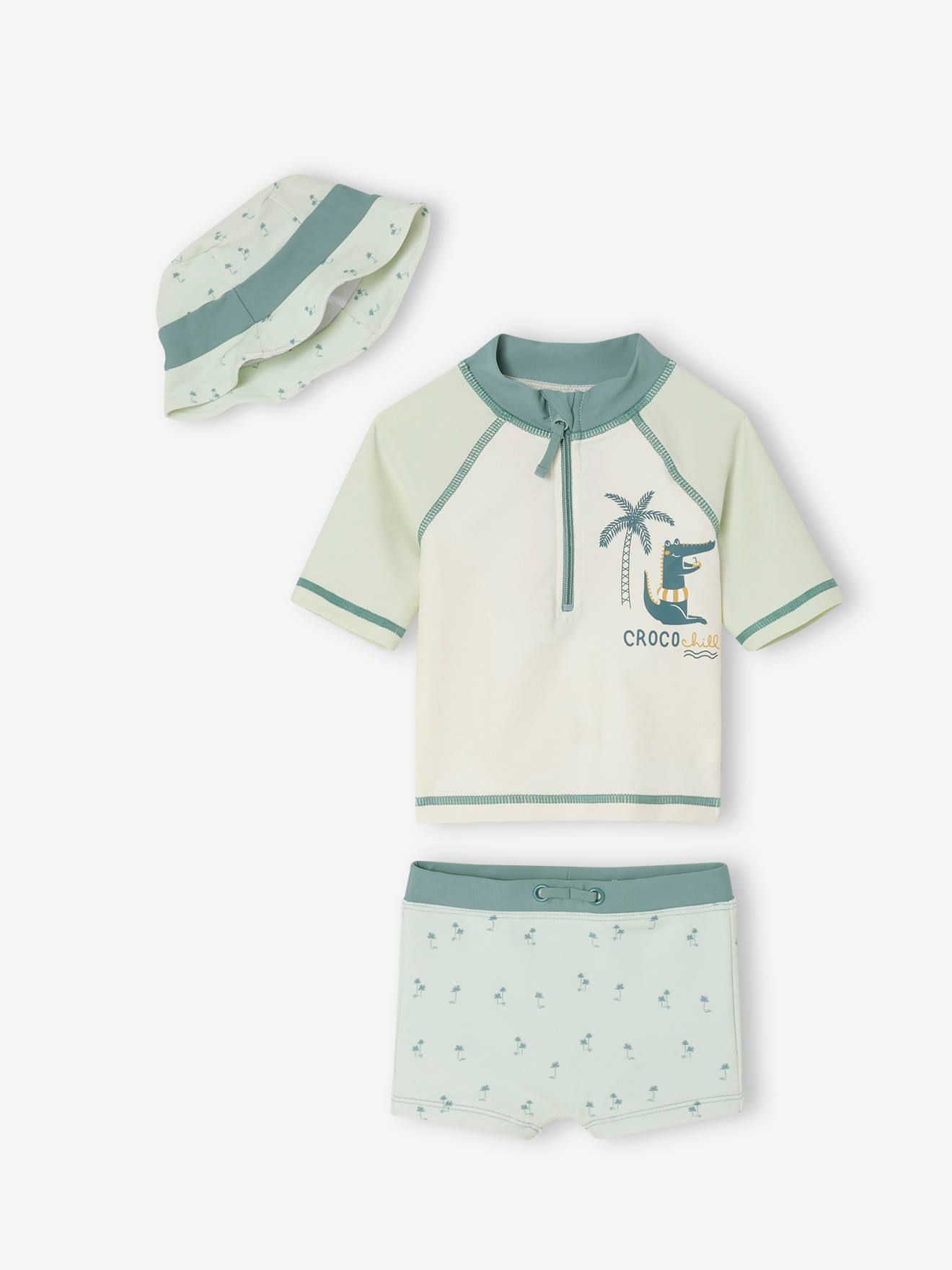 Ensemble de bain T-shirt anti-UV + short + bob bébé vert menthe/blanc