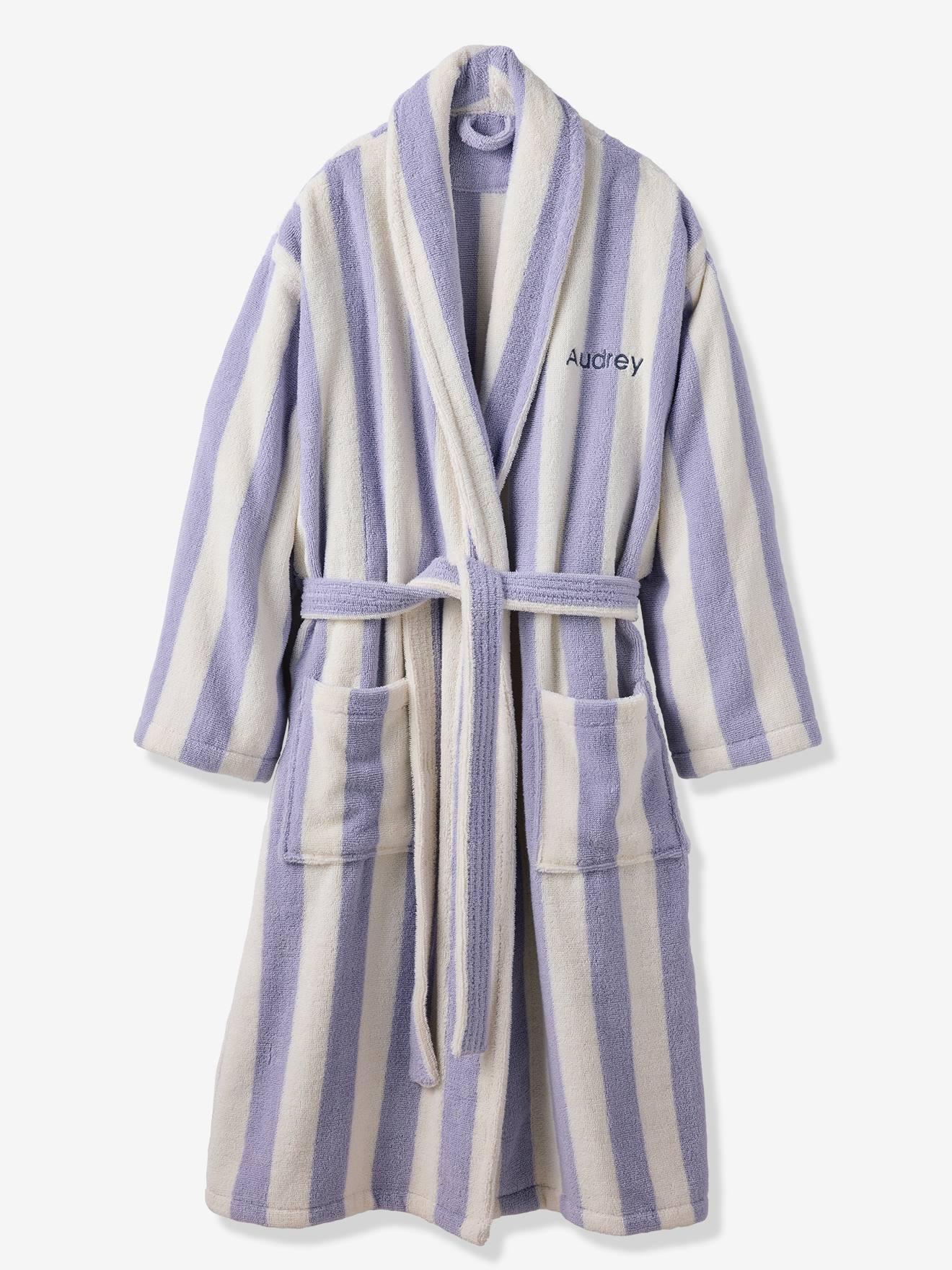 Peignoir de bain adulte mixte rayures TRANSAT capsule famille personnalisable, avec coton recyclé rayé violet