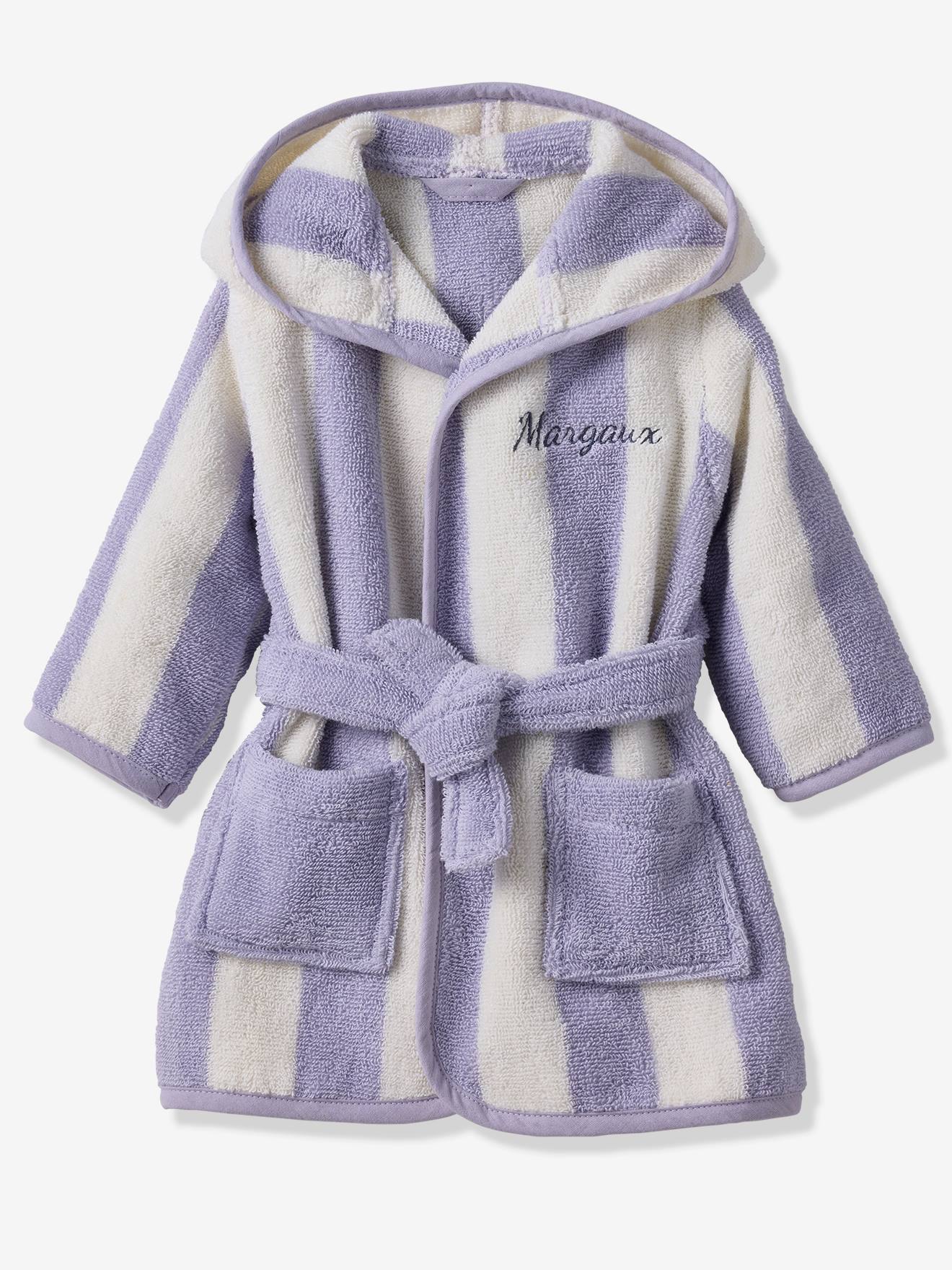 Peignoir de bain Bébé rayures TRANSAT capsule famille personnalisable, avec coton recyclé rayé violet Peignoir de bain Bébé rayures TRANSAT capsule famille personnalisable, avec coton recyclé rayé violet