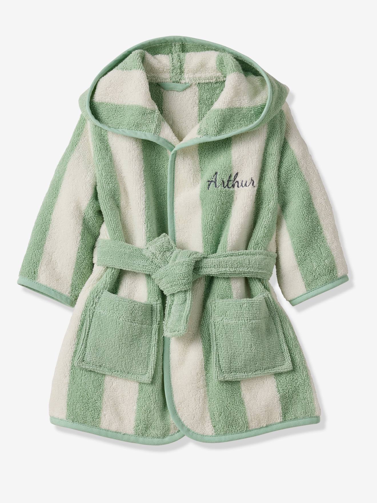 Peignoir de bain Bébé rayures TRANSAT capsule famille personnalisable, avec coton recyclé rayé vert Peignoir de bain Bébé rayures TRANSAT capsule famille personnalisable, avec coton recyclé rayé vert