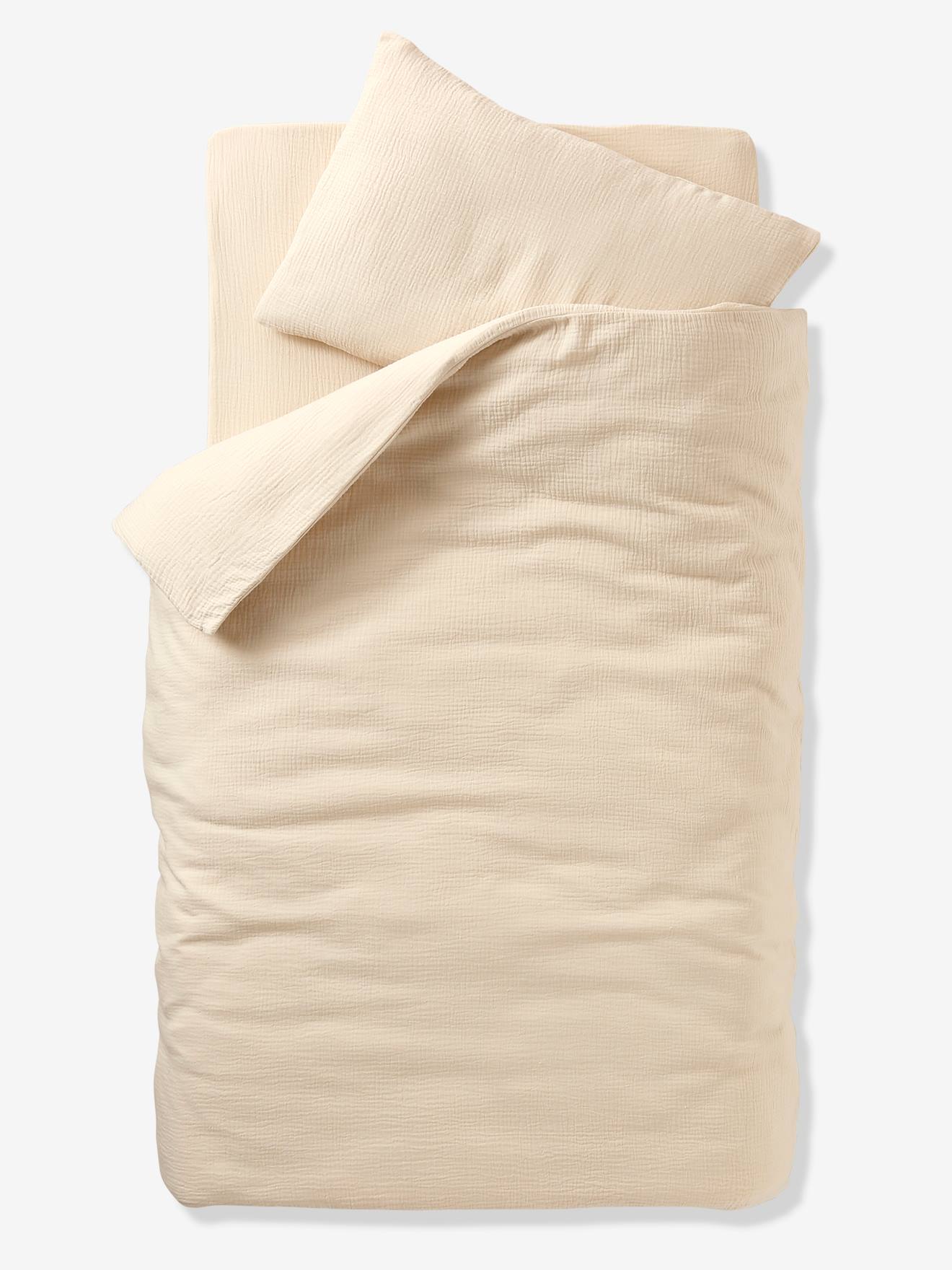 Parure bébé housse de couette + taie d'oreiller unie en gaze de coton Bio* vanille