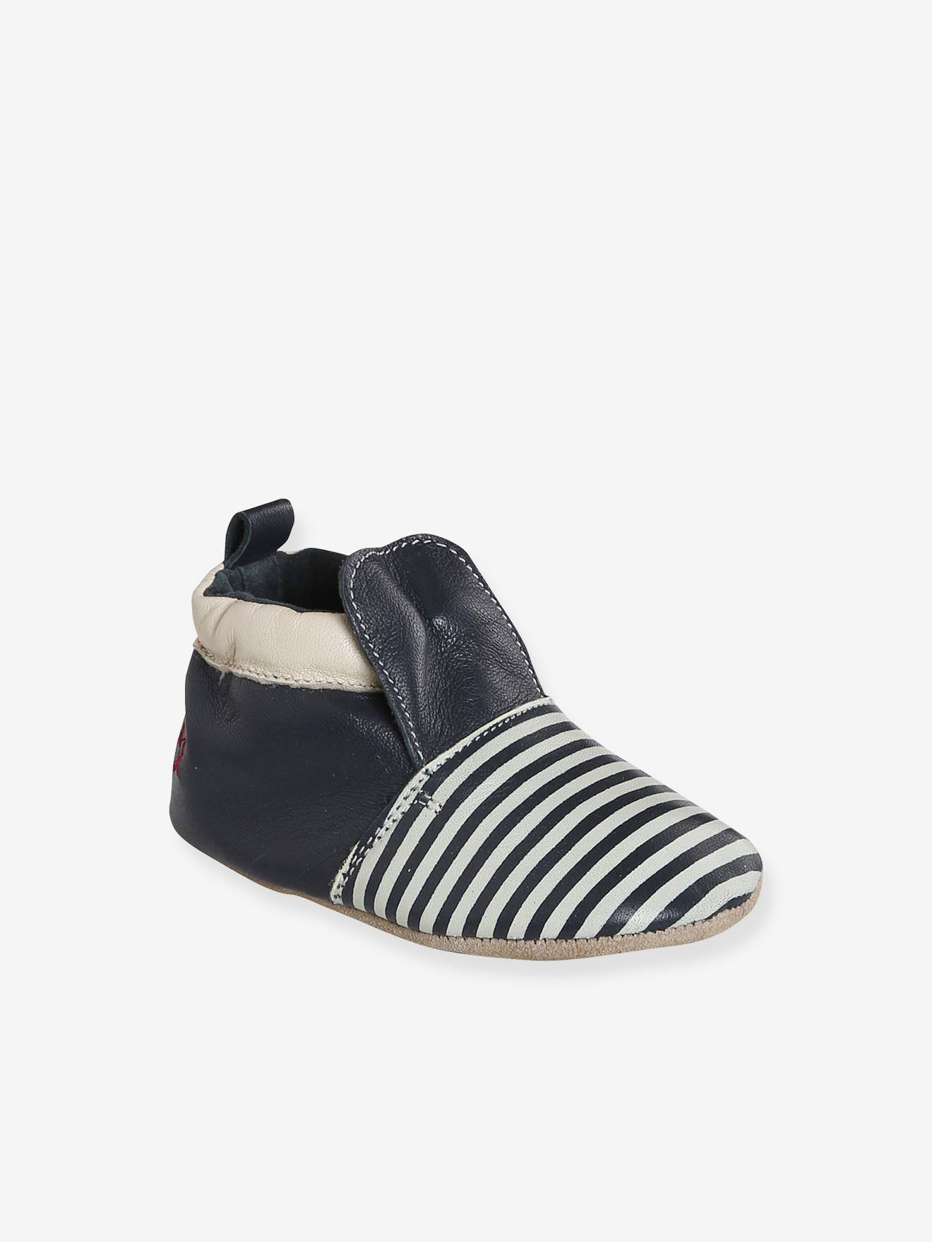 Chaussons élastiqués bicolores en cuir souple bébé rayé bleu