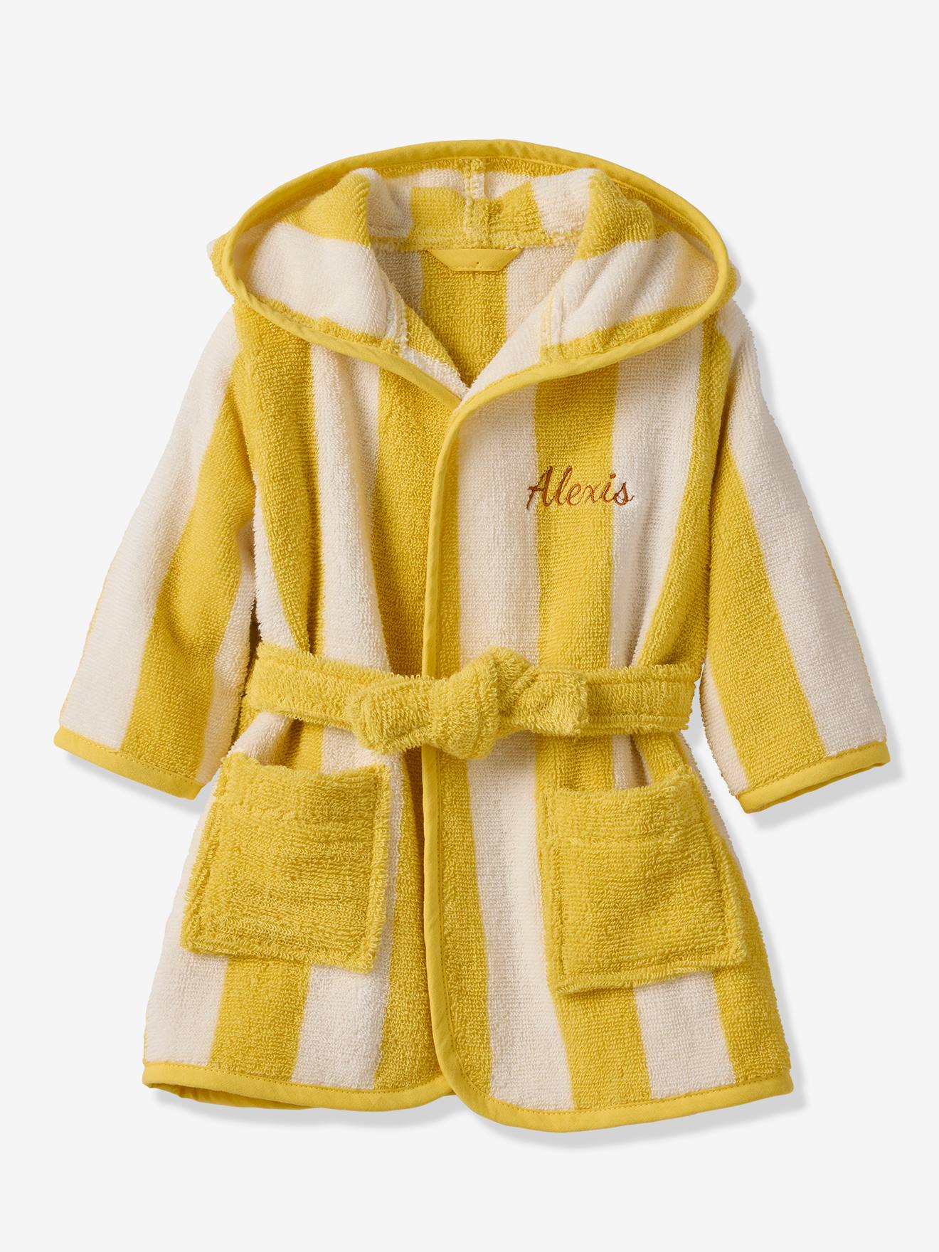 Peignoir de bain Bébé rayures TRANSAT capsule famille personnalisable, avec coton recyclé rayé jaune Peignoir de bain Bébé rayures TRANSAT capsule famille personnalisable, avec coton recyclé rayé jaune