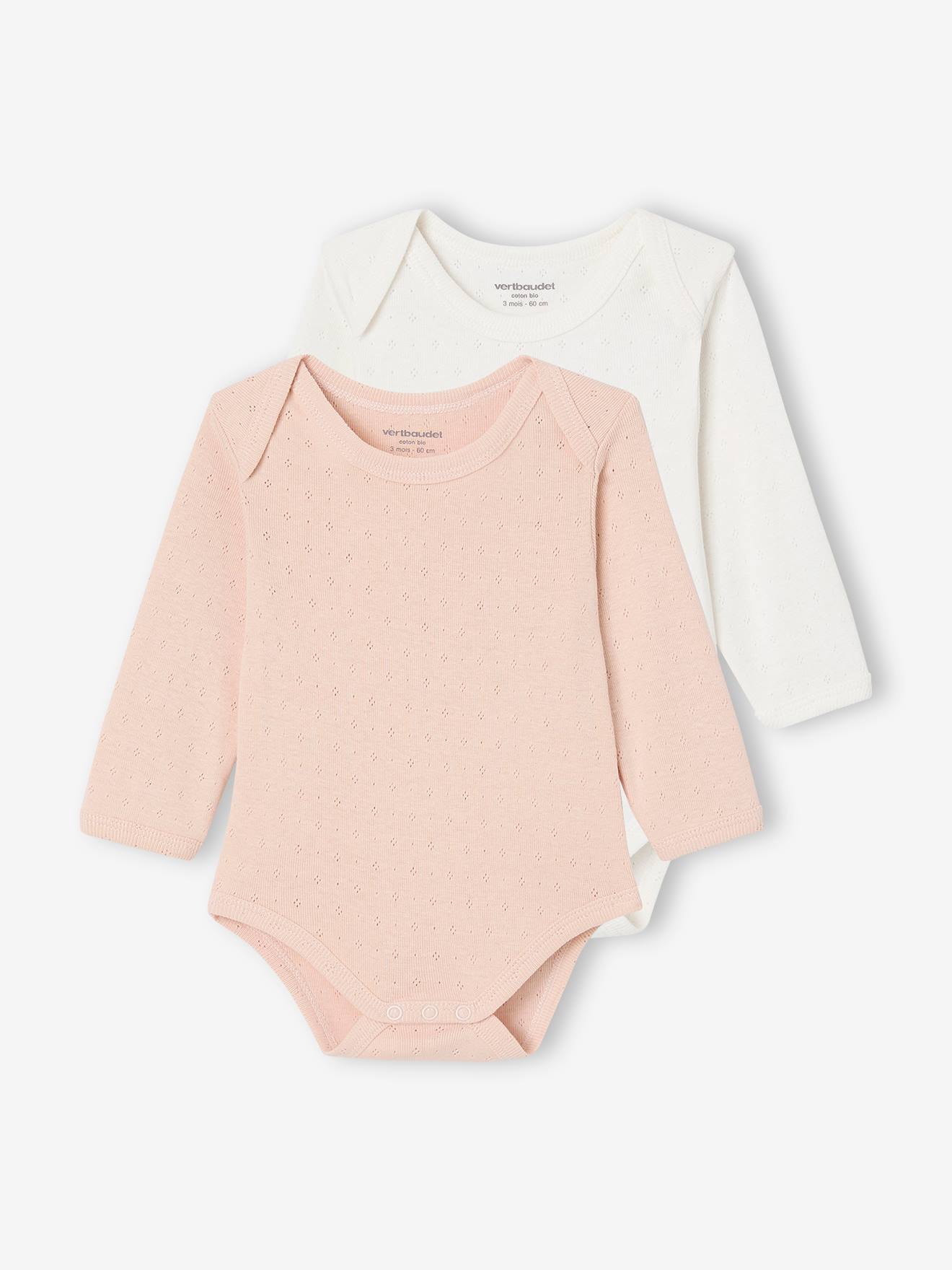 Lot de 2 bodies bébé manches longues en maille pointelle rose pâle