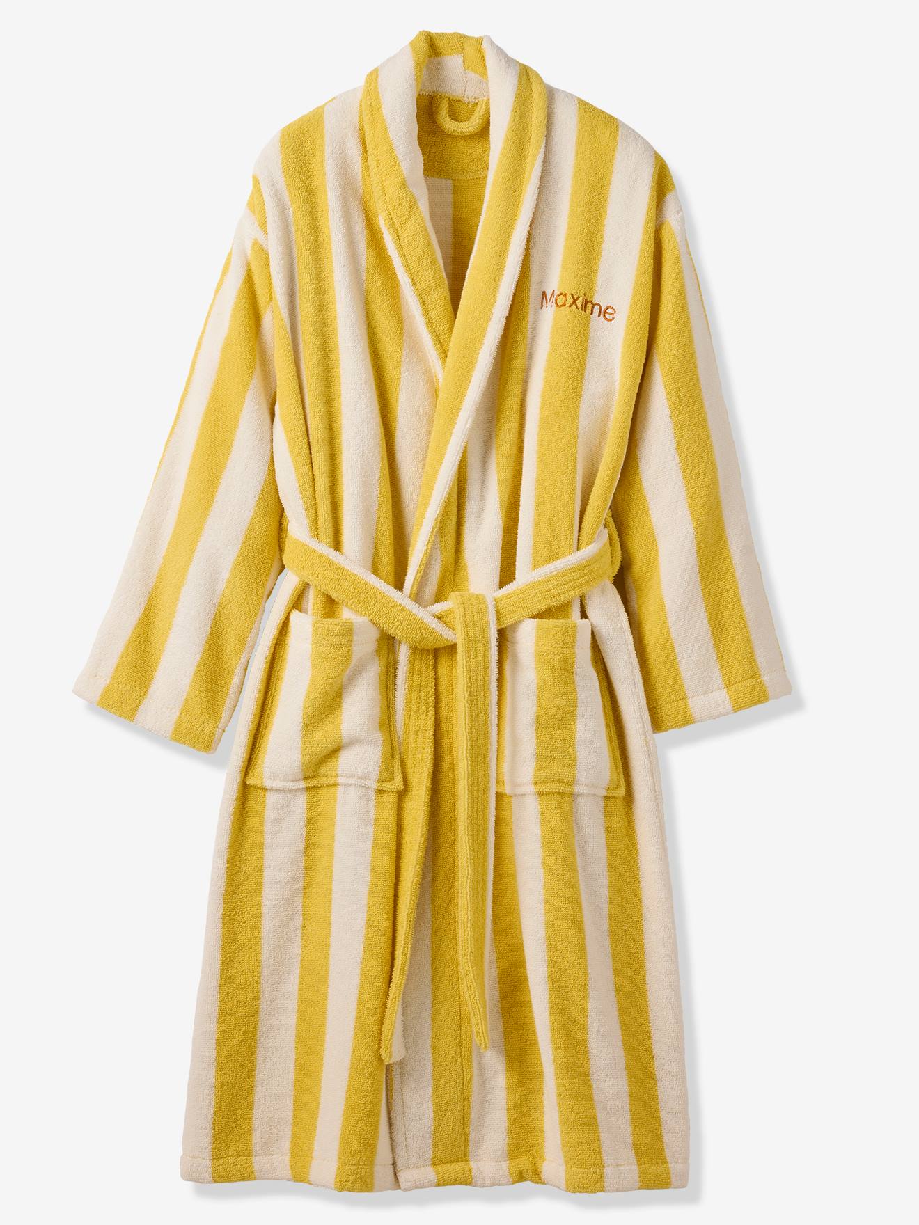Peignoir de bain adulte mixte rayures TRANSAT capsule famille personnalisable, avec coton recyclé rayé jaune