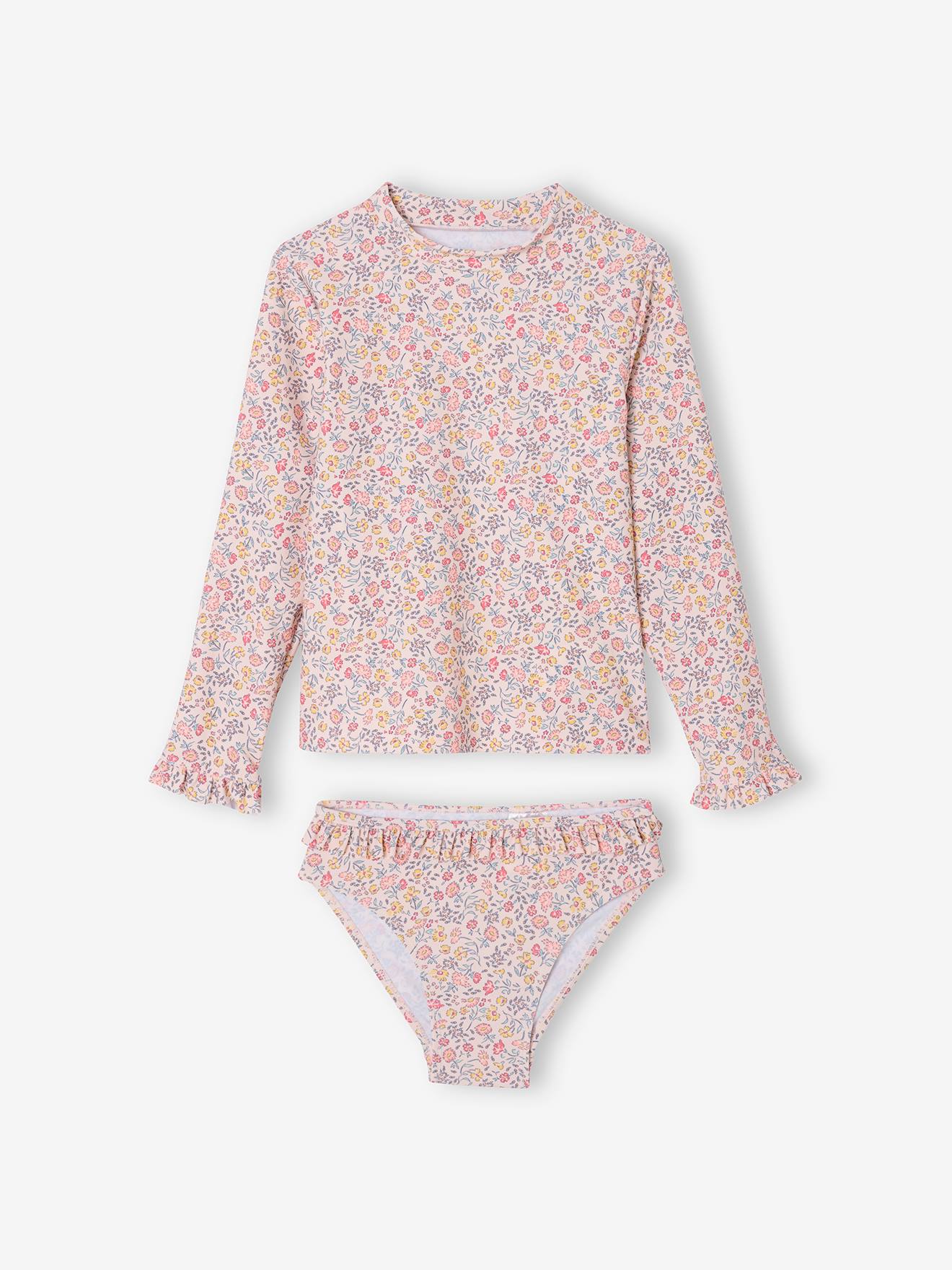 Maillot de bain fille 2 pièces rose pâle imprimé