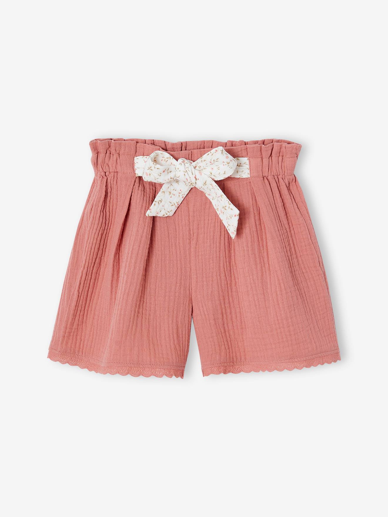 Short en gaze de coton fille vieux rose