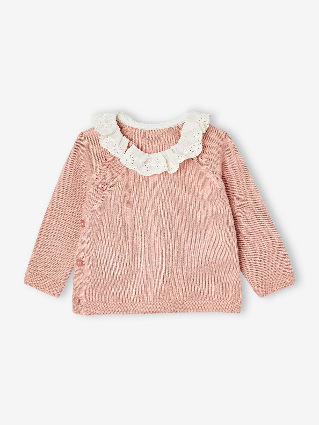Pull bébé avec col en broderie anglaise rose