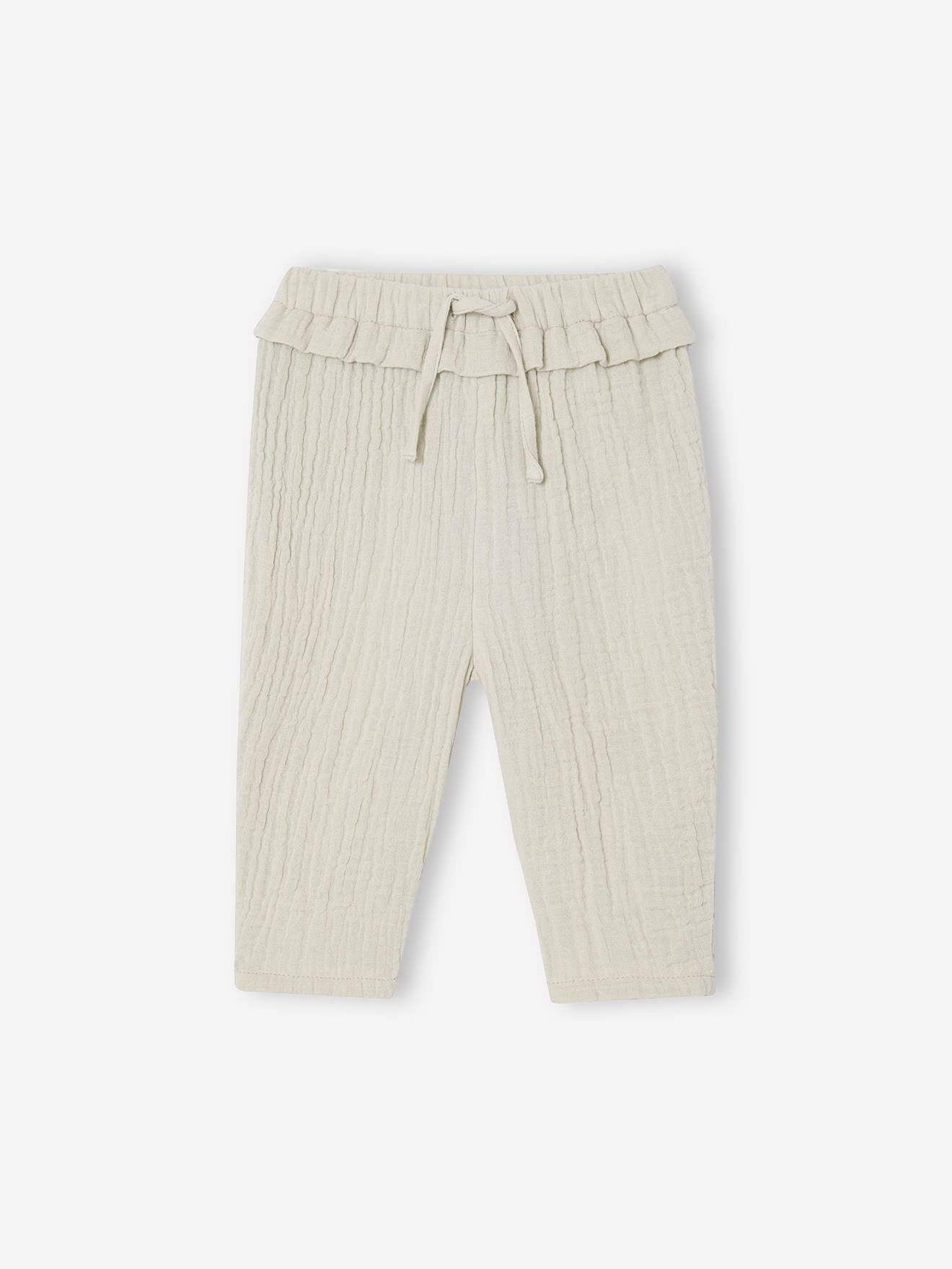Pantalon en gaze de coton bébé vert de gris