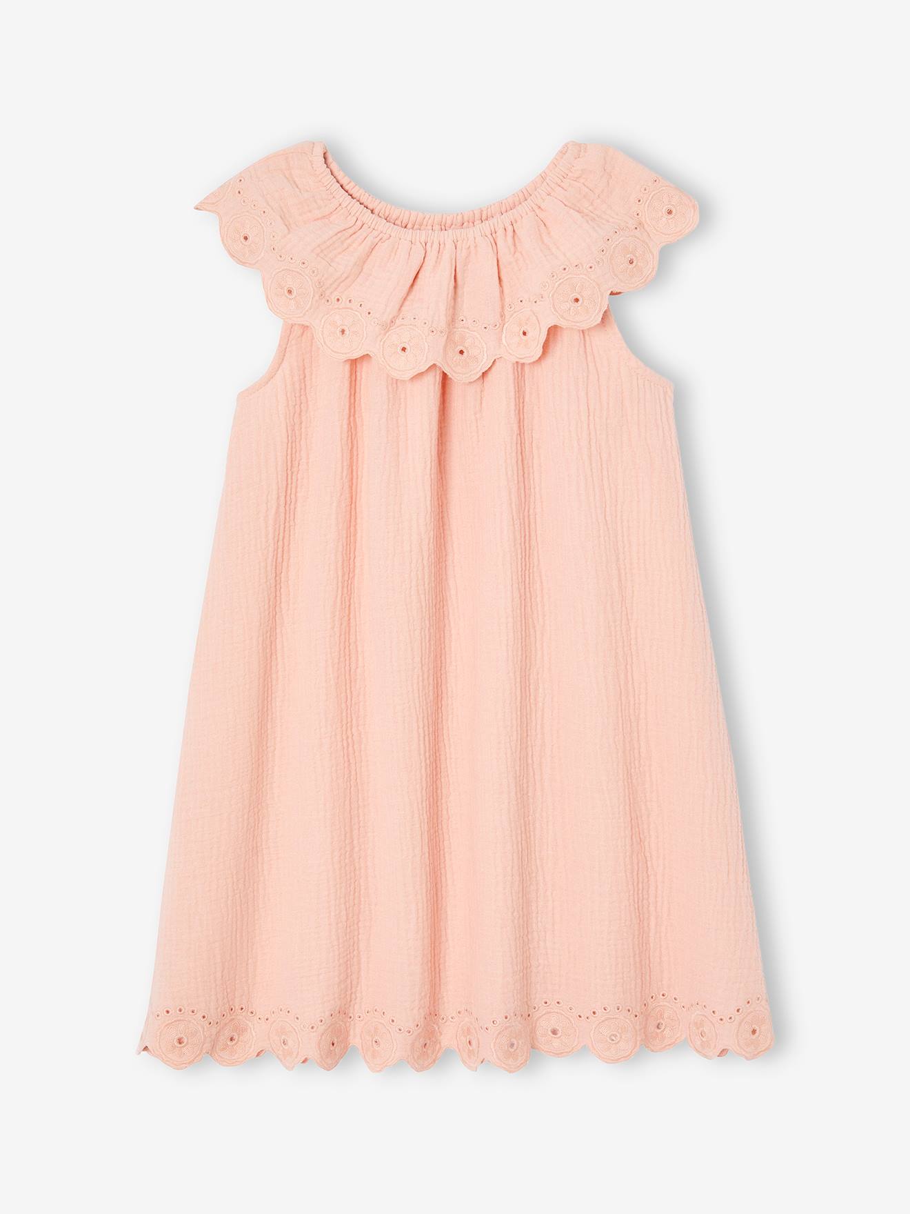 Robe de cérémonie avec collerette brodée fille rose pâle