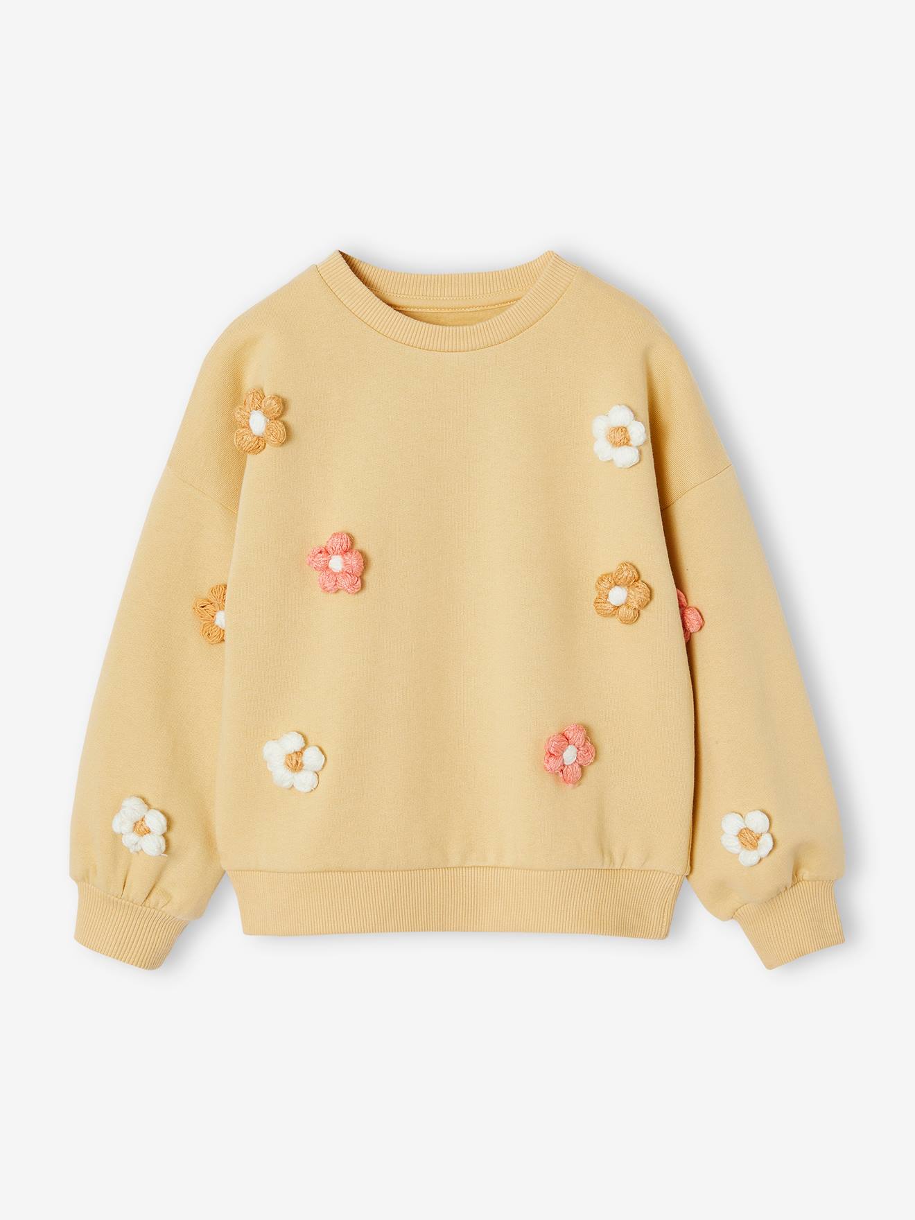 Sweat fille fleurs 3D tricotées jaune d'or