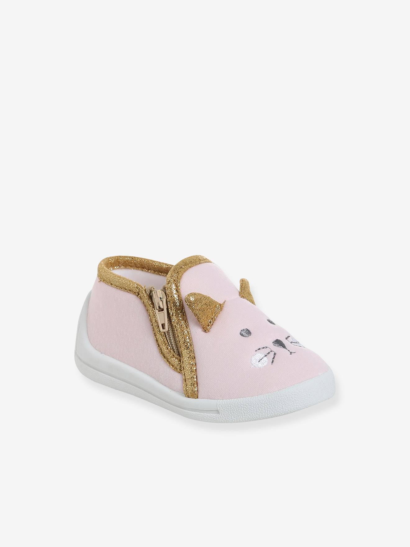 Chaussons zippés bébé mes petits coeurs en toile rose pâle