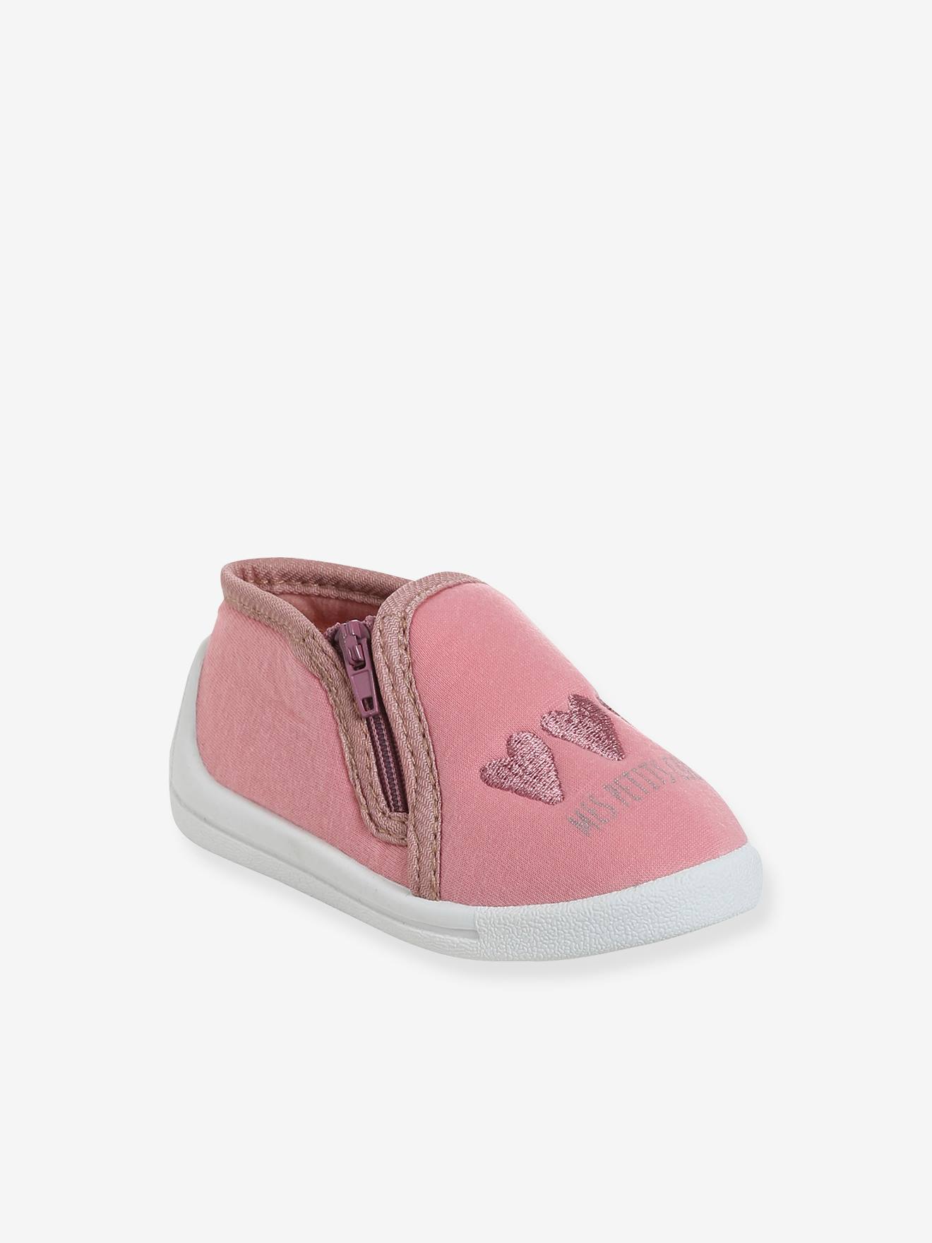 Chaussons zippés bébé mes petits coeurs en toile rose imprimé