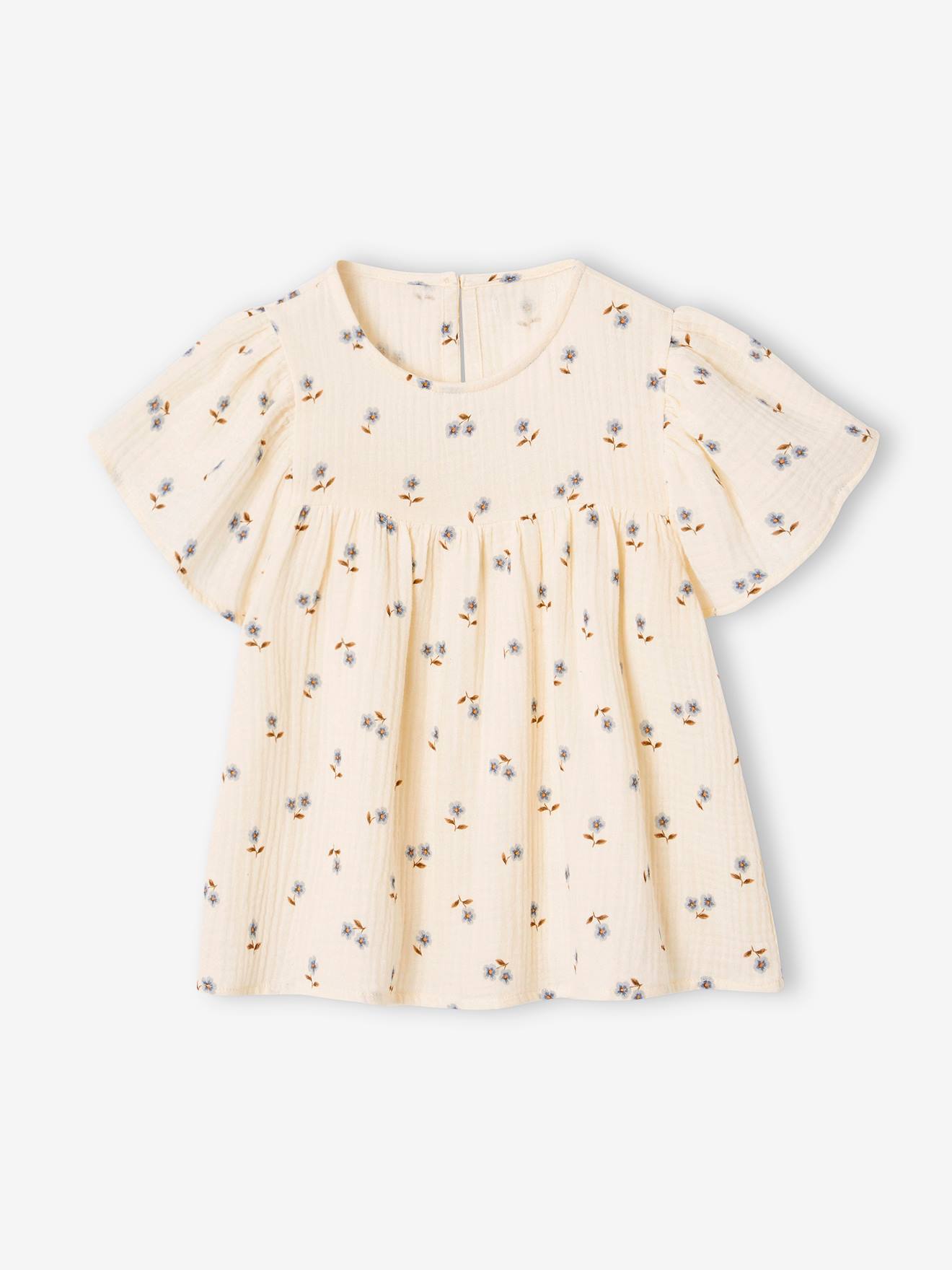 Blouse en gaze de coton bio fille manches papillon blanc imprimé