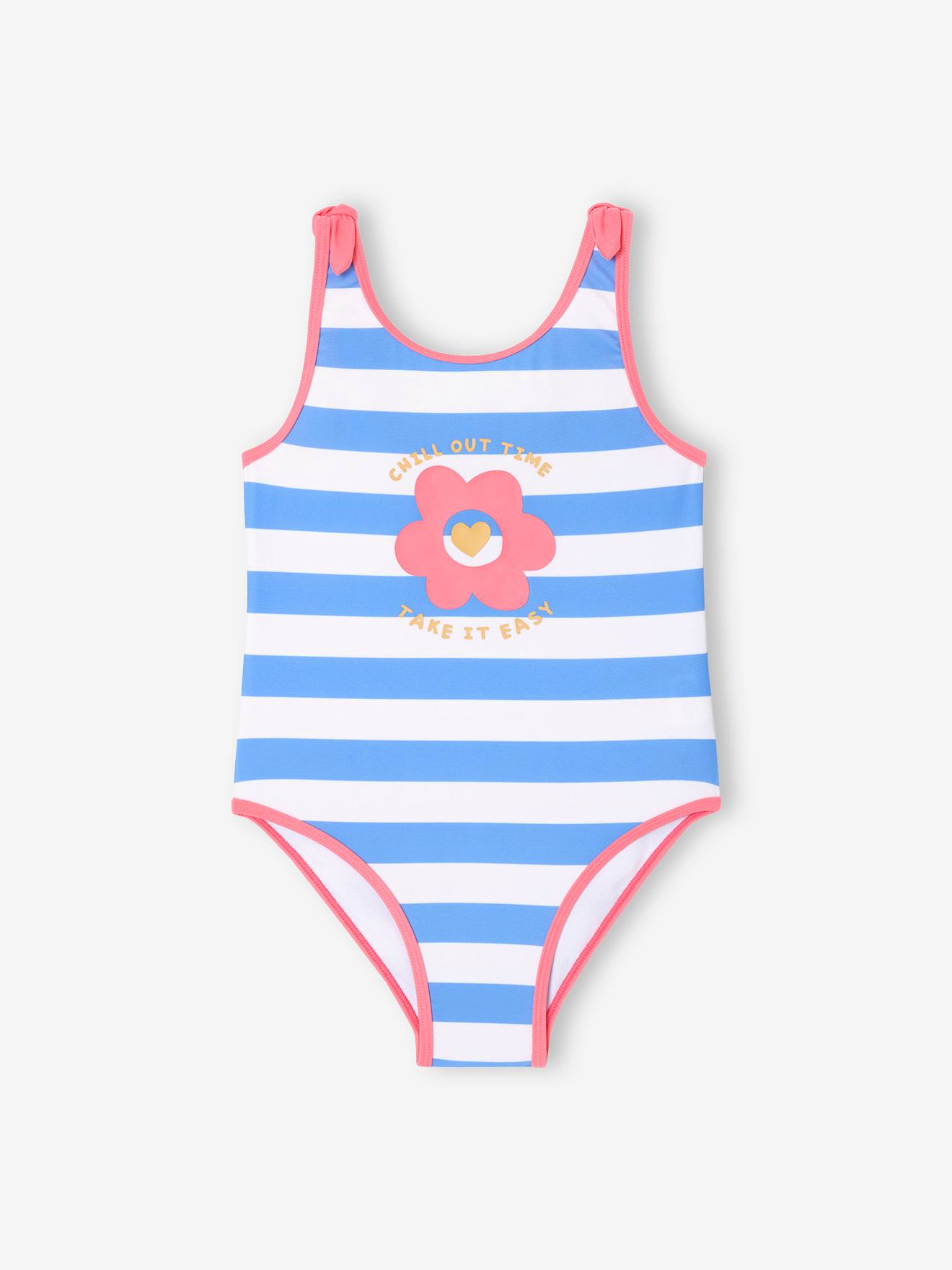 Maillot de bain 1 pièce fille rayé bleu/écru