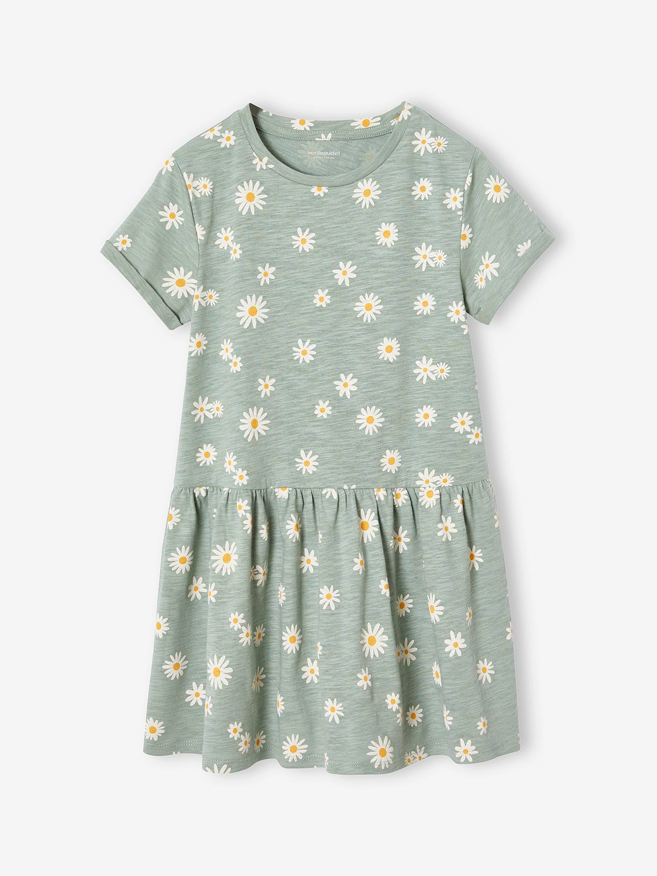 Robe imprimée fille manches courtes vert de gris