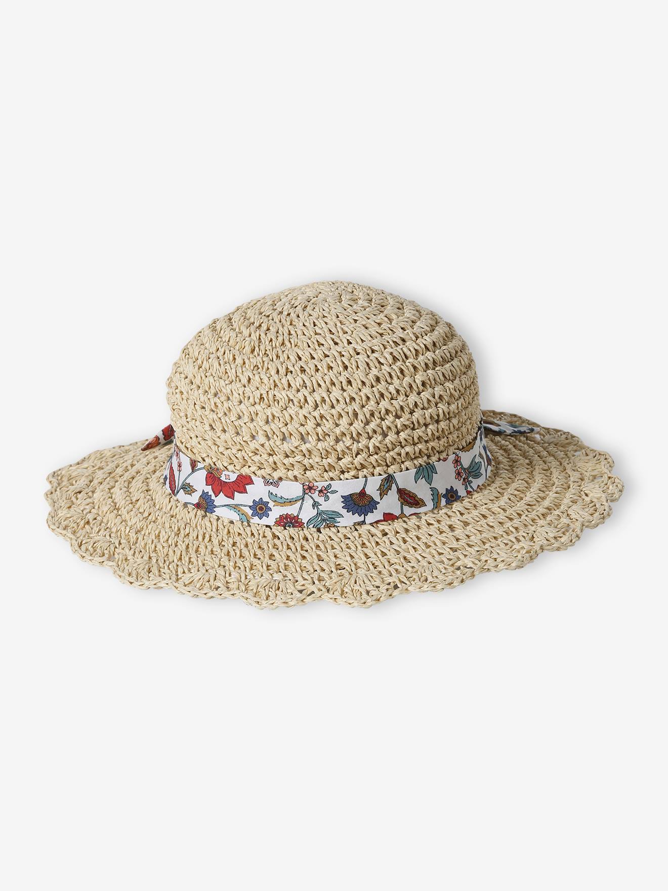 Chapeau en paille de papier avec ruban imprimé fleuri fille bois