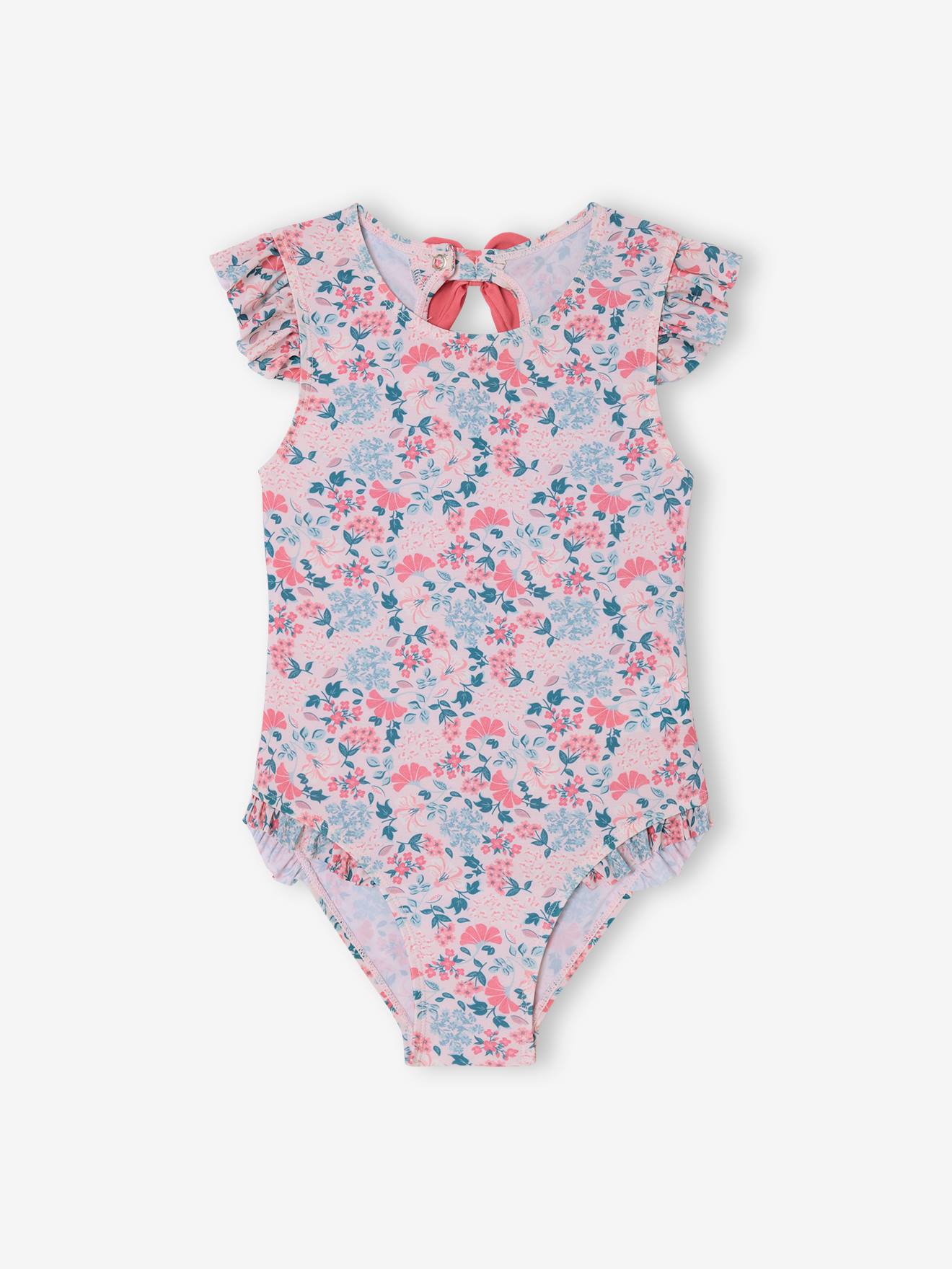 Maillot de bain fille 1 pièce noeud décoratif au dos rose pâle imprimé