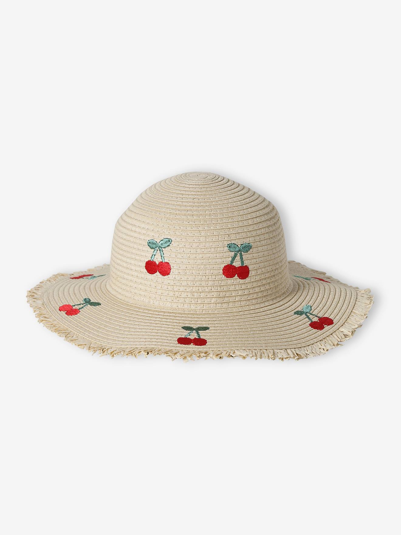 Chapeau en paille de papier avec cerises brodées fille écru