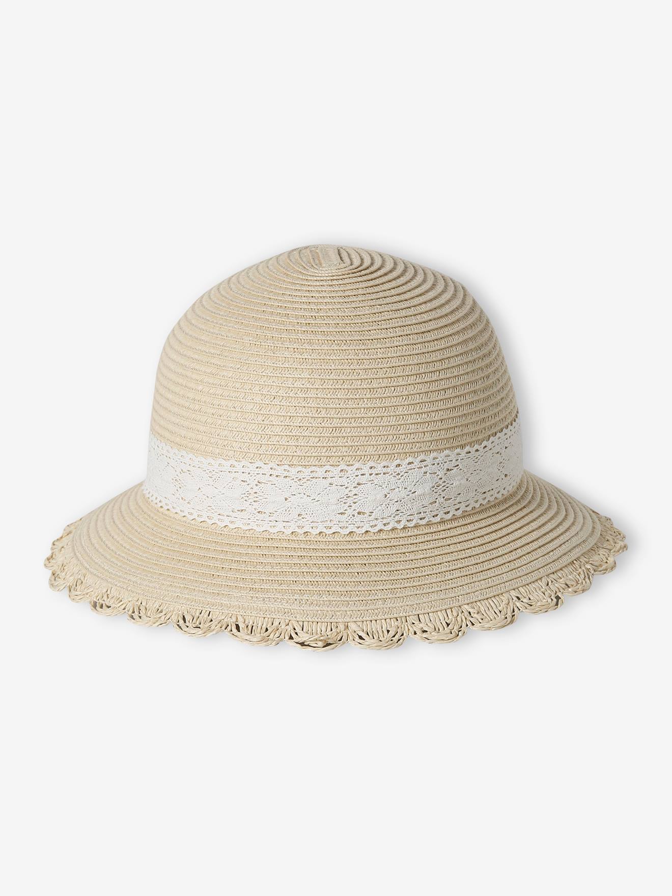 Chapeau paille et dentelle bébé fille sable