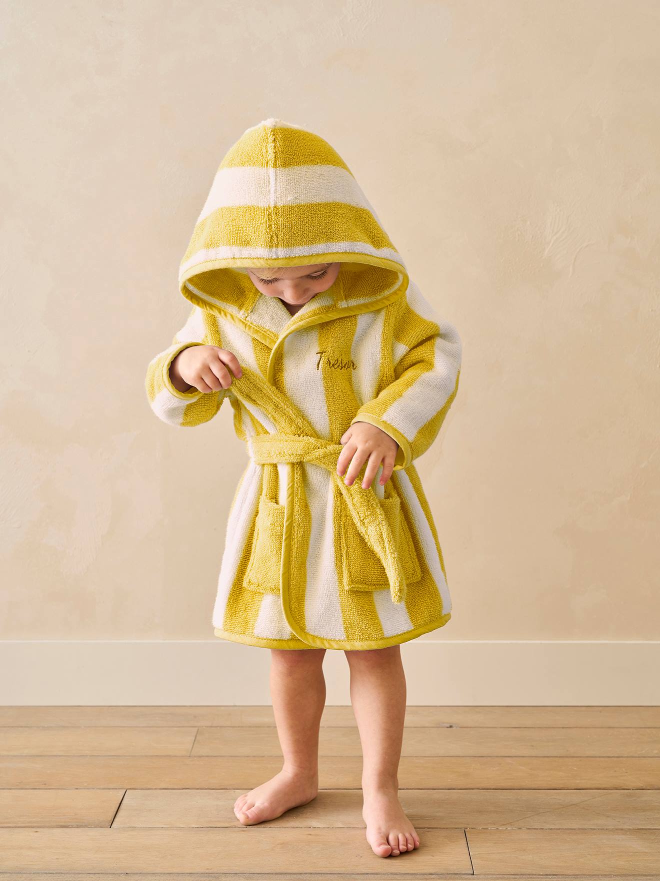 Peignoir de bain Bébé rayures TRANSAT capsule famille personnalisable, avec coton recyclé rayé jaune