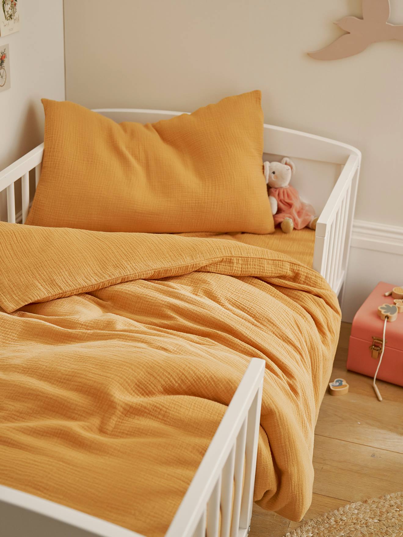 Parure bébé housse de couette + taie d'oreiller unie en gaze de coton Bio* ocre