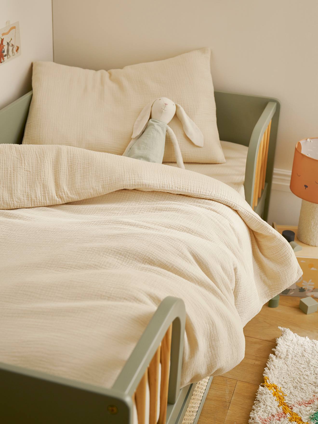 Parure bébé housse de couette + taie d'oreiller unie en gaze de coton Bio* vanille