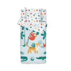 -Caradou® Animaux Jungle Parure de Lit Enfant en Coton 4 pièces: Couchage Tout-en-Un avec Couette - 90x190cm BLEU CALIN