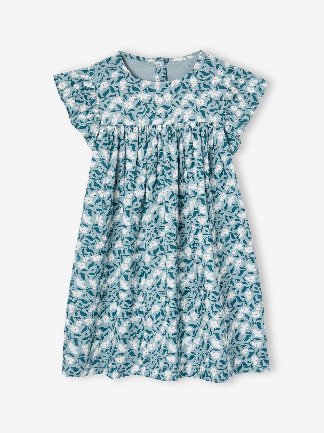 Robe imprimée fille manches courtes à volants vert sauge