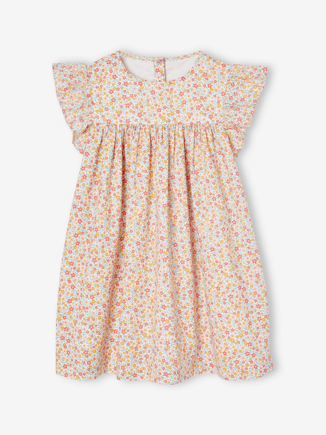 Robe imprimée fille manches courtes à volants vanille