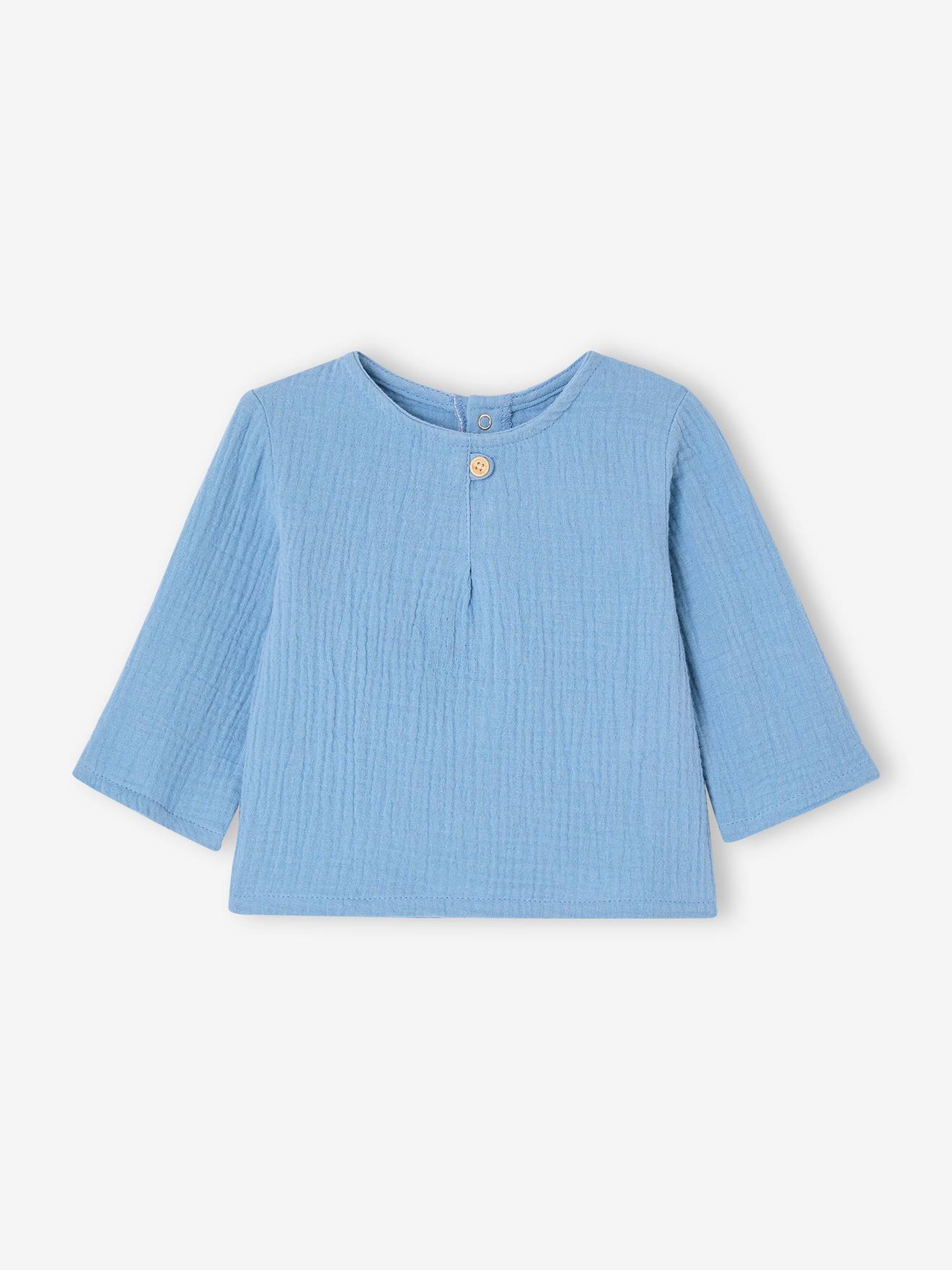 Chemise bébé esprit liquette en gaze de coton bleu pâle