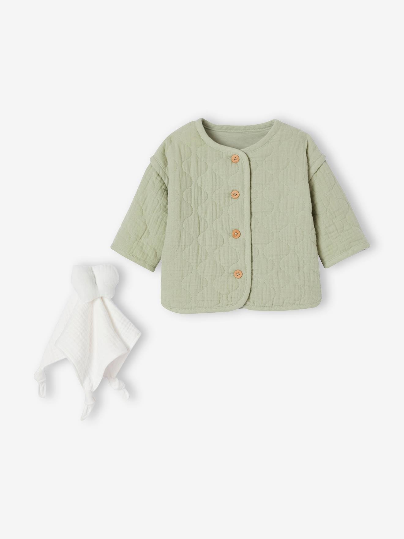 Veste matelassée bébé et doudou coffret cadeau naissance vert sauge