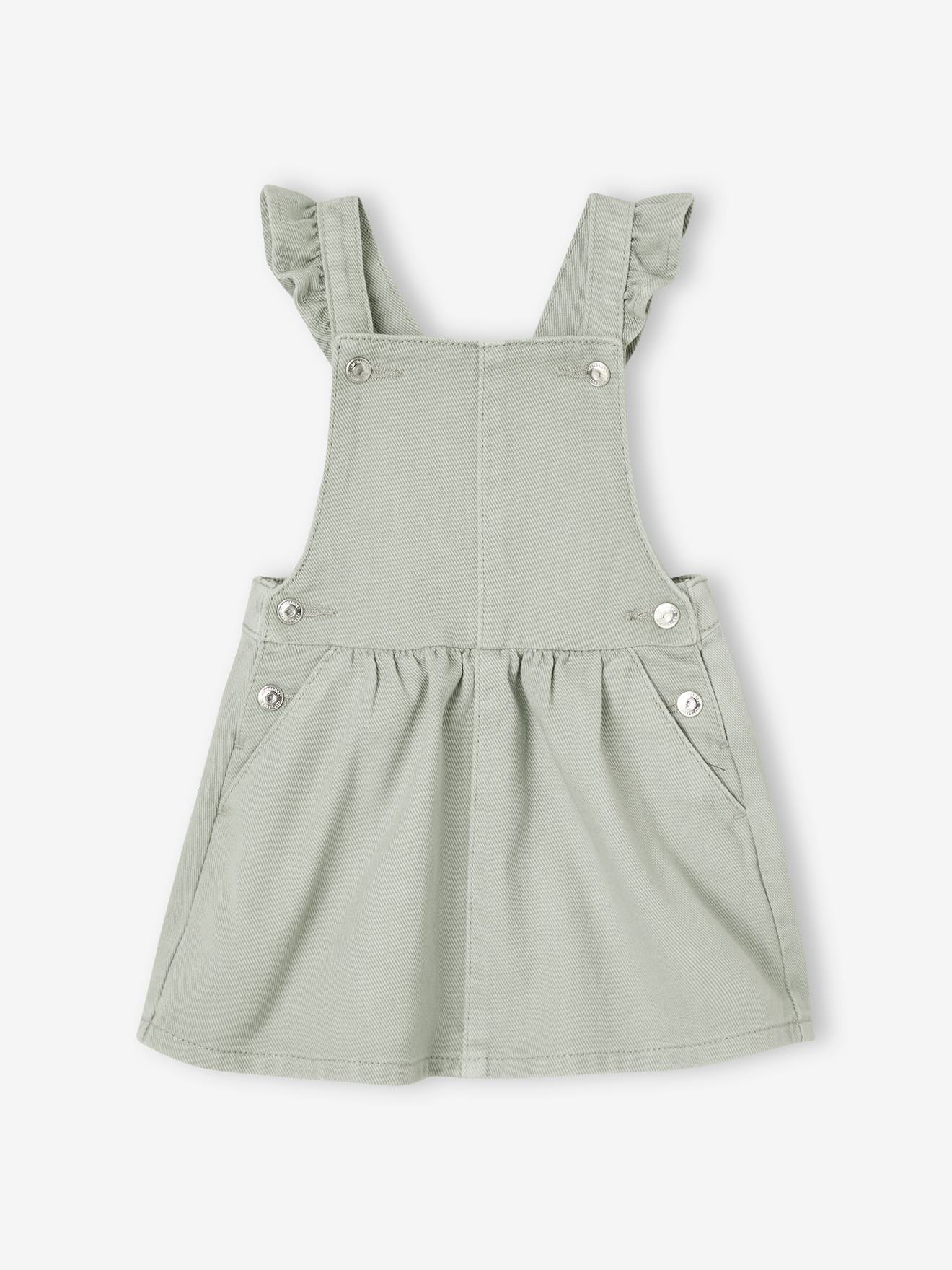 Robe salopette bébé bretelles volantées vert de gris