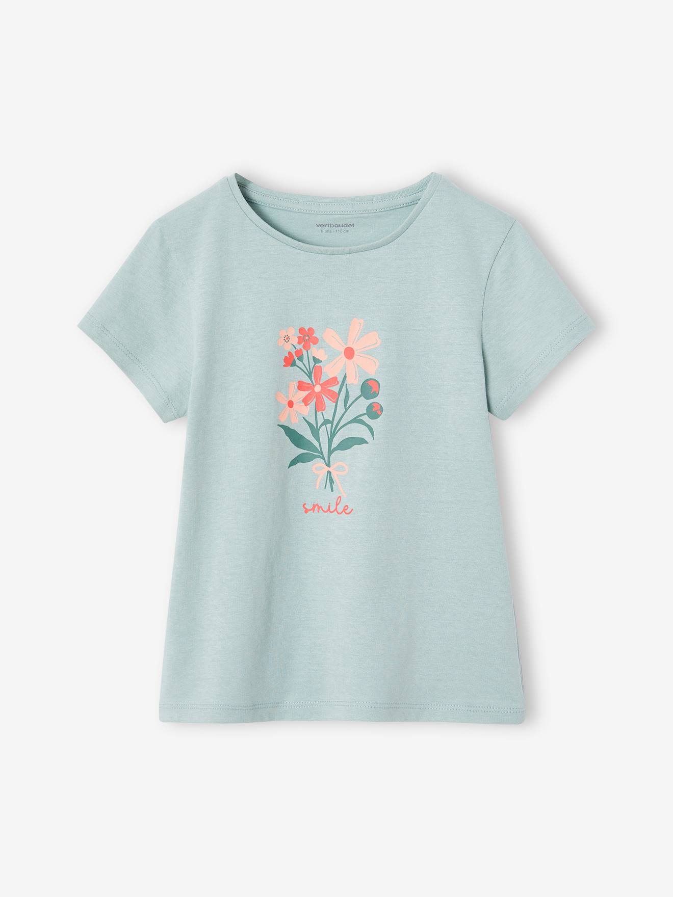 T-shirt Basics motif placé fille manches courtes bleu grisé