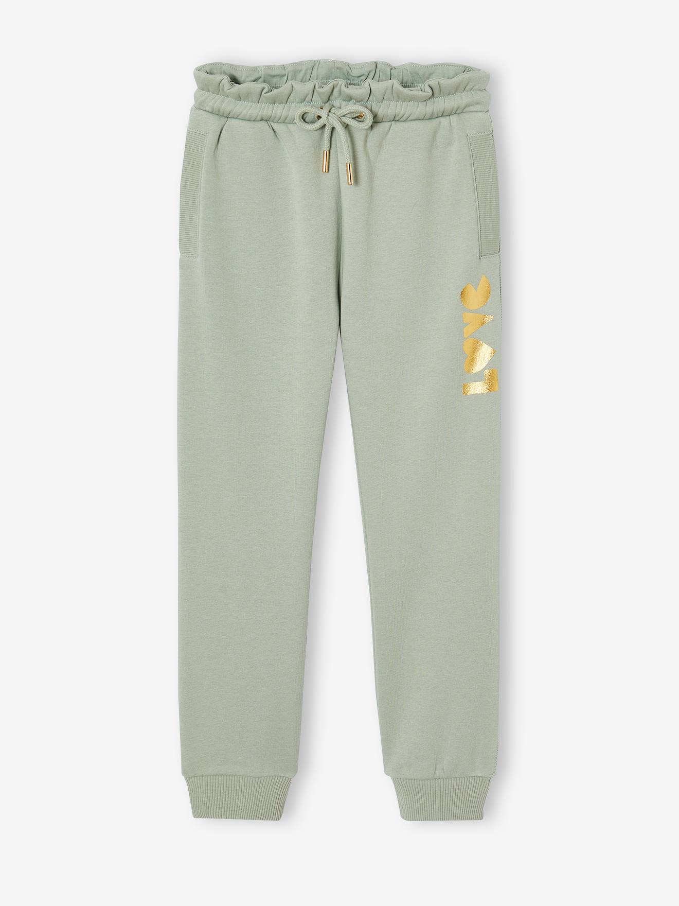 Jogging en molleton fille motif sur jambe vert sauge