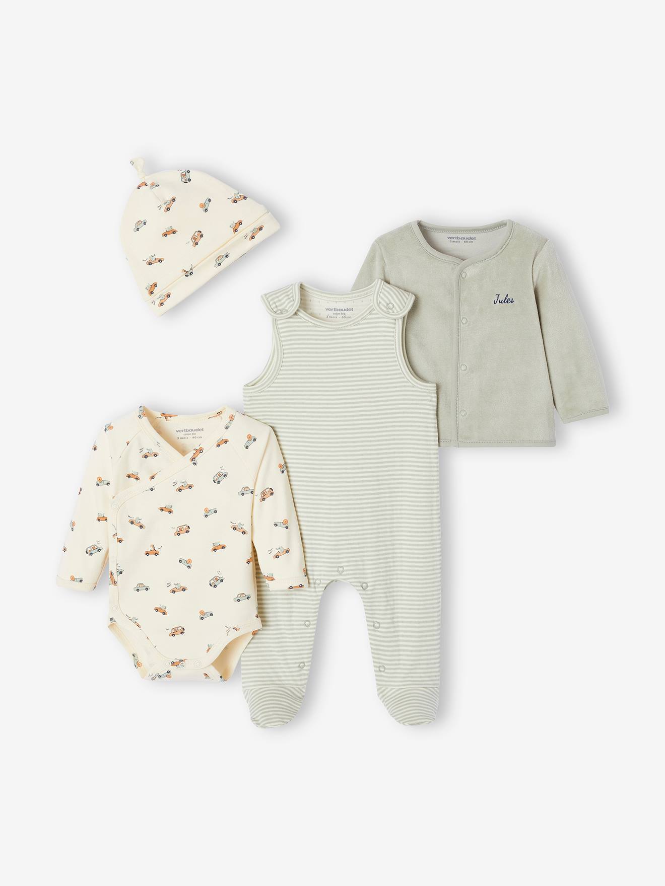 Ensemble naissance body + salopette + bonnet + gilet personnalisable vert d'eau
