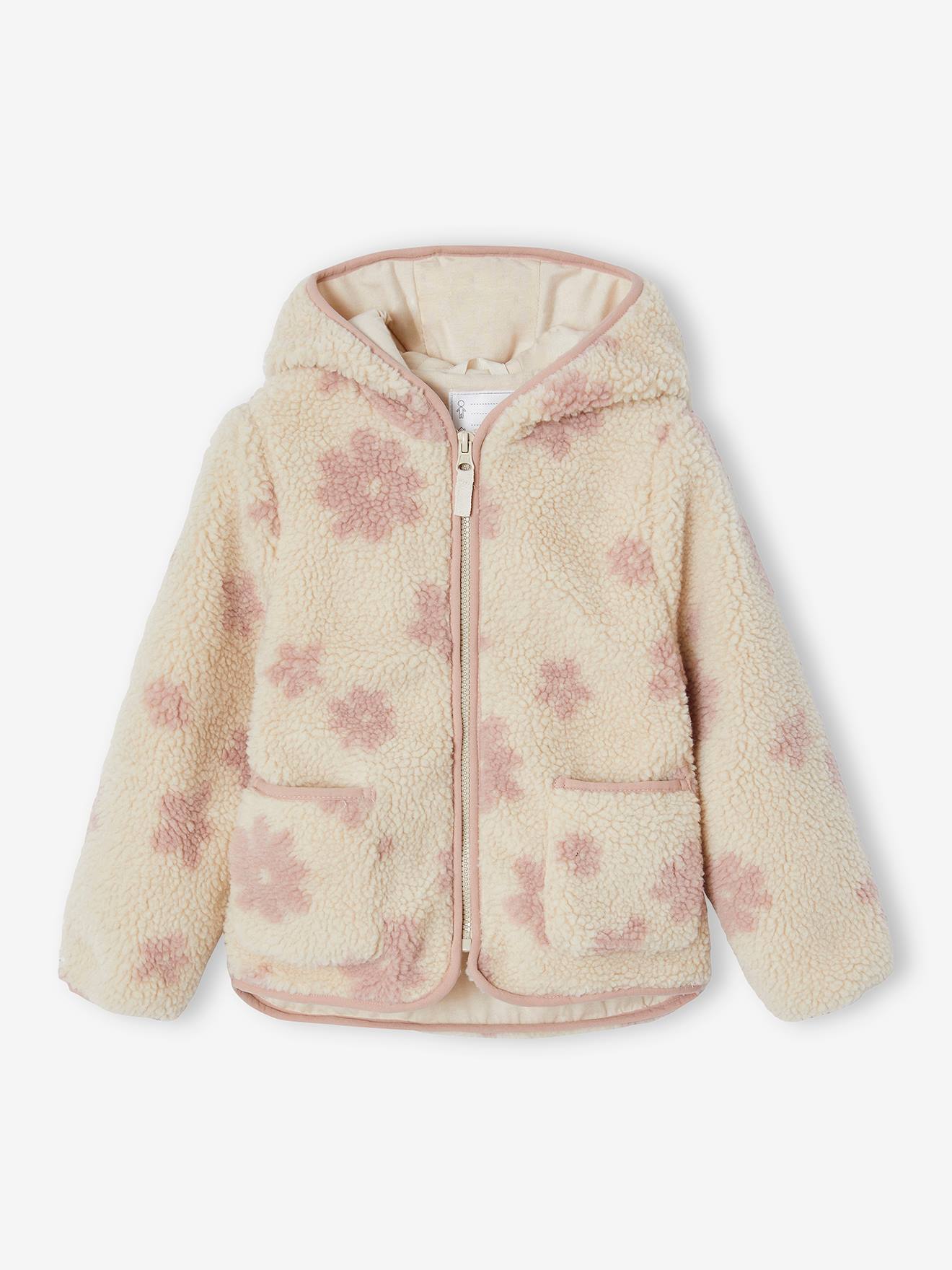 Veste sherpa à capuche motifs fleurs pop fille vanille