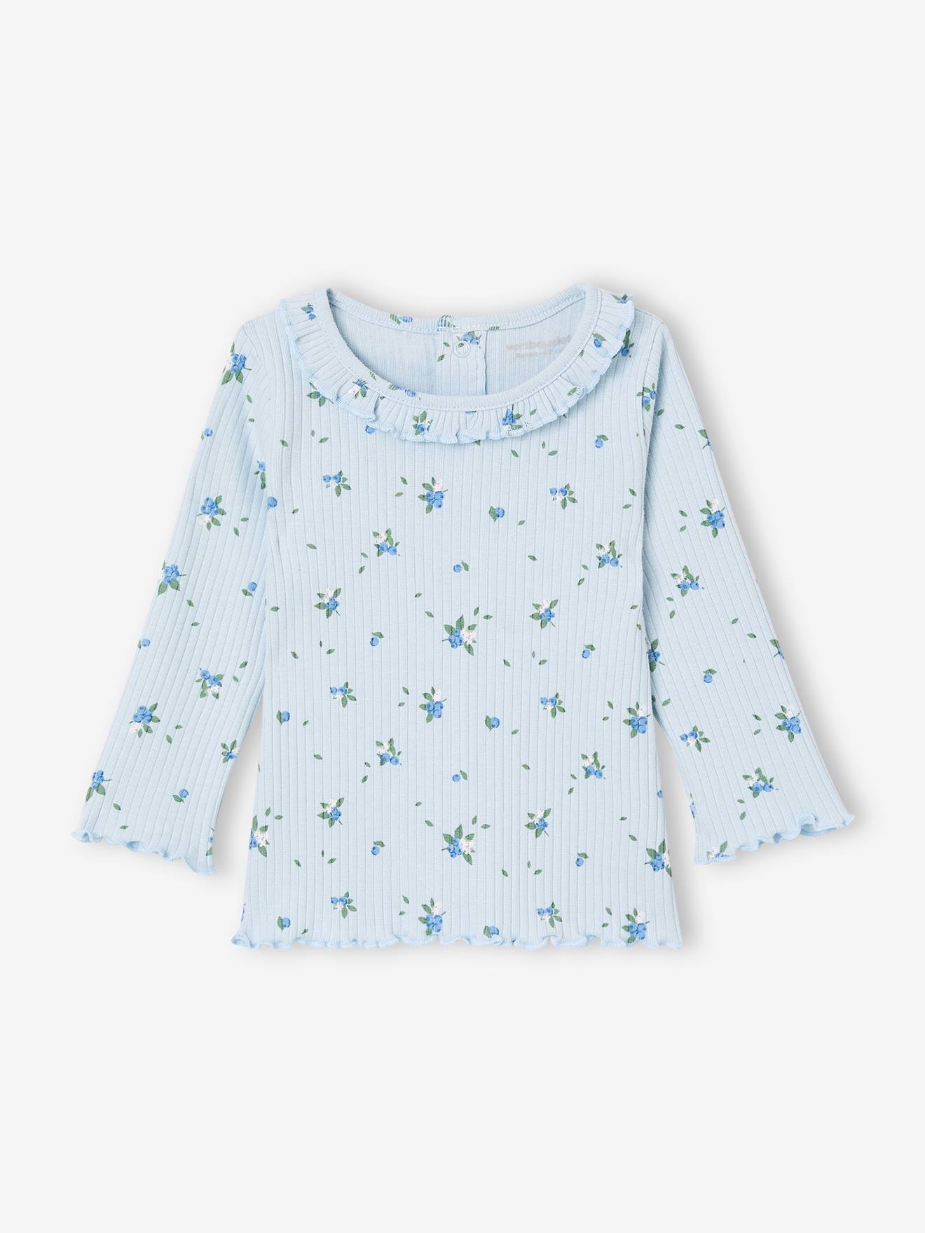 T-shirt bébé en maille côtelée manches longues bleu ciel