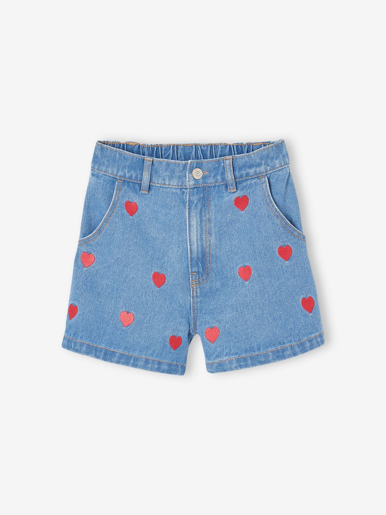 Short en jean motifs coeurs fille bleu moyen