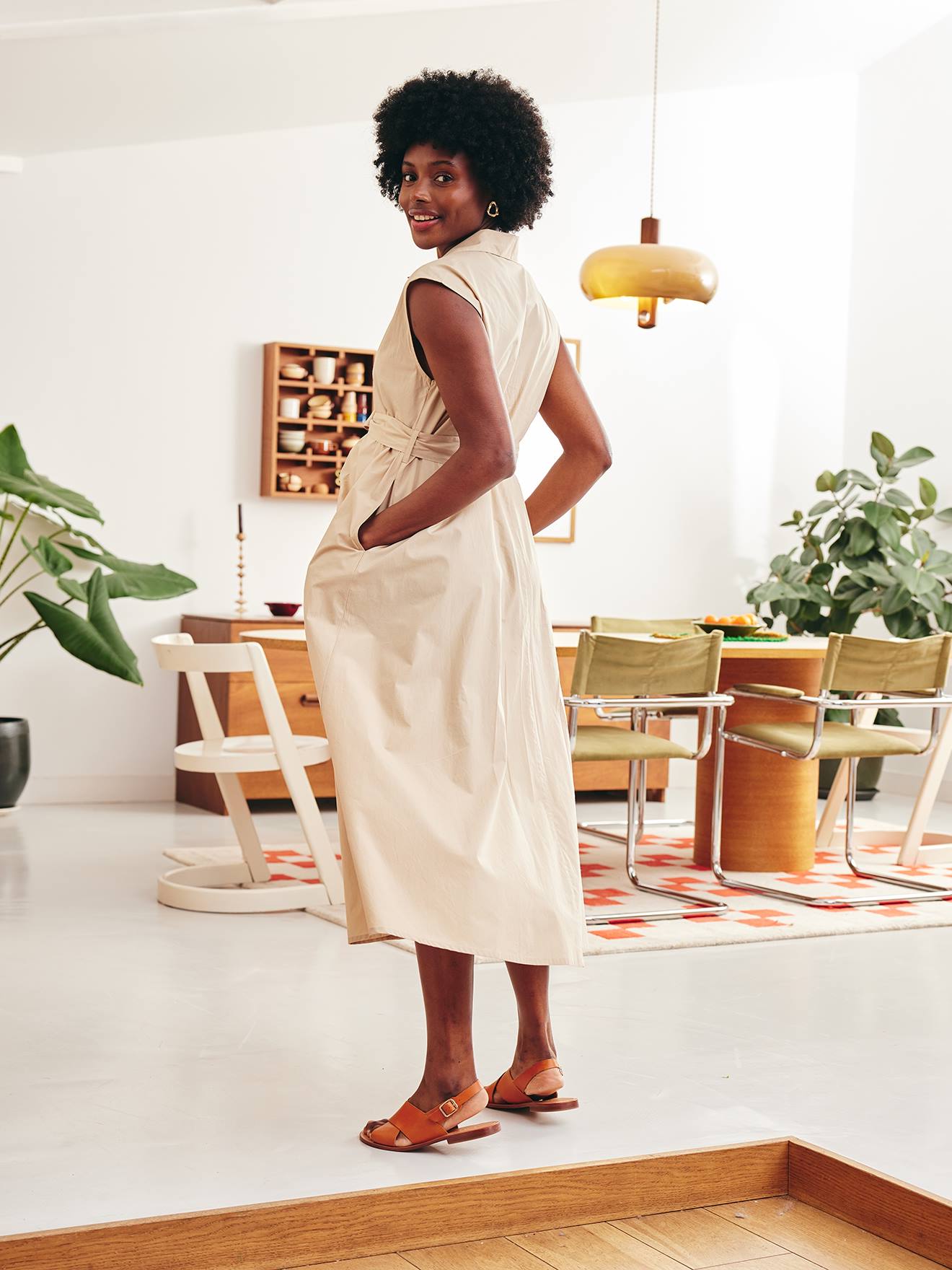 Robe longue popeline de coton grossesse et allaitement sable