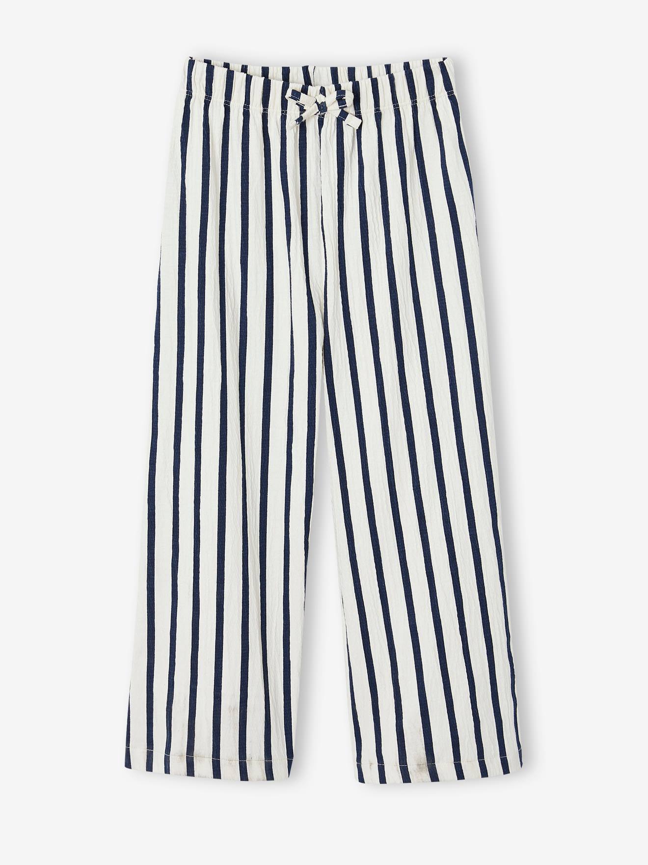 Pantalon legging large fille rayé blanc