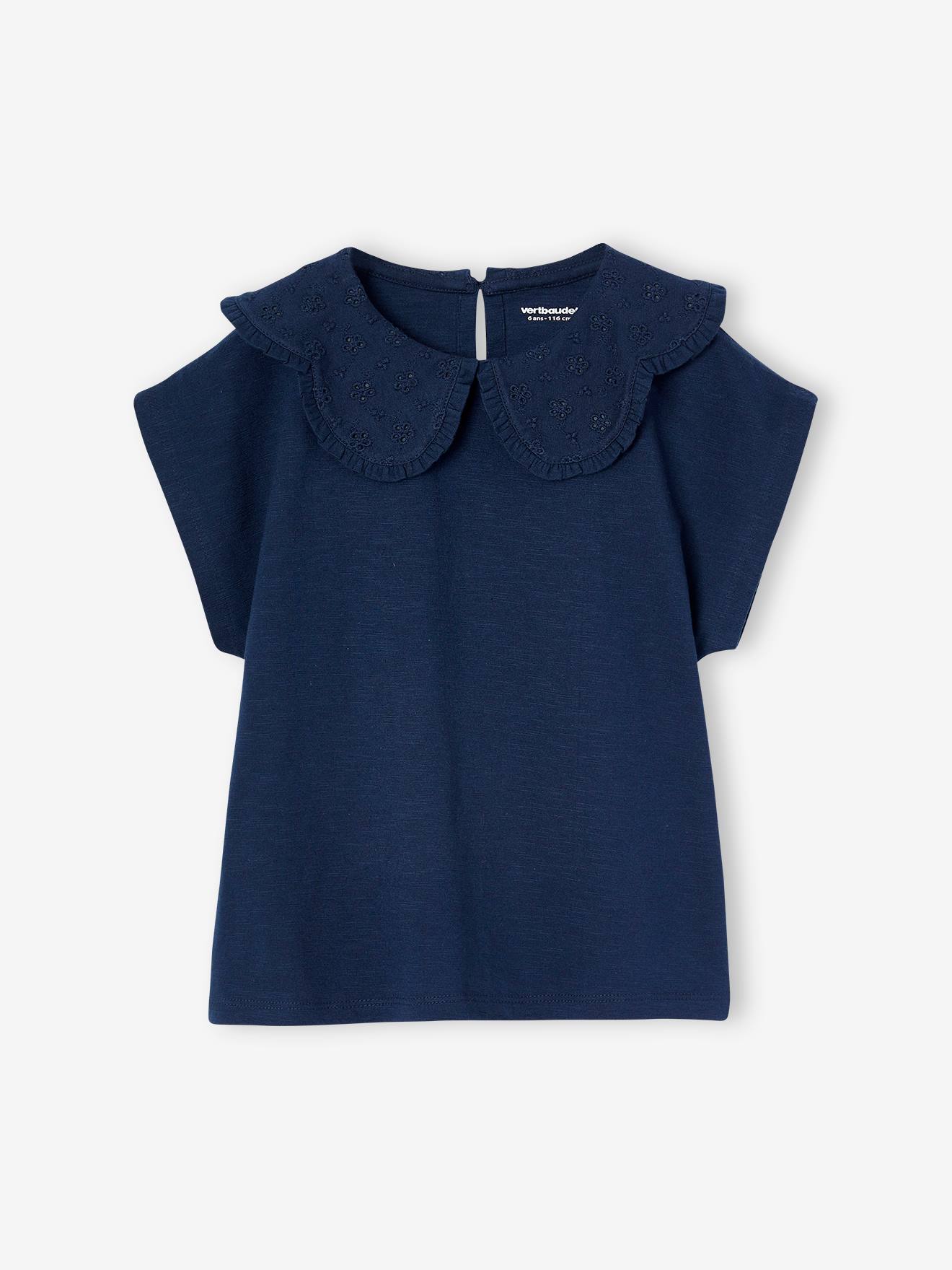 T-shirt col brodé fantaisie fille marine