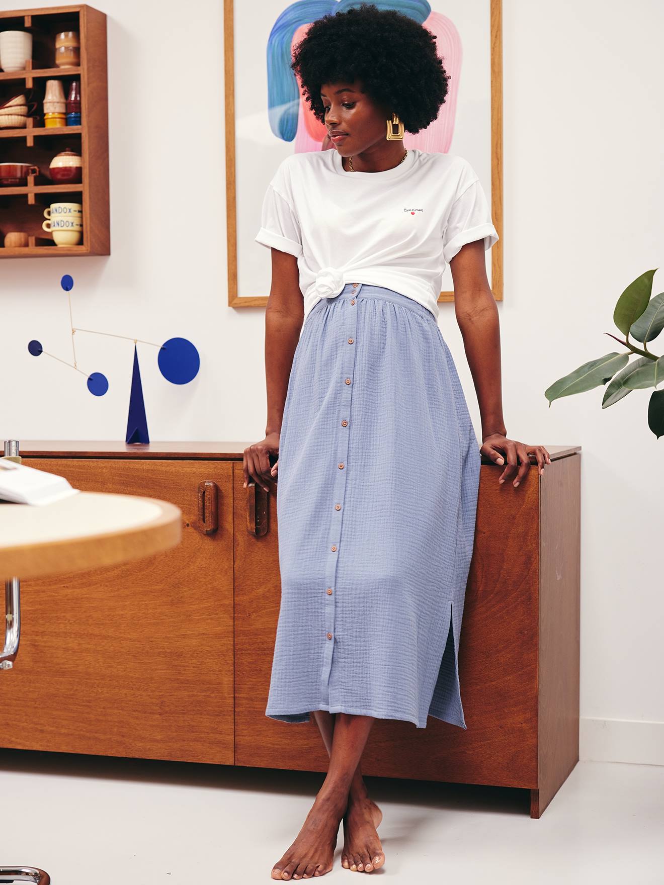 Jupe longue de grossesse en gaze de coton bleu ardoise