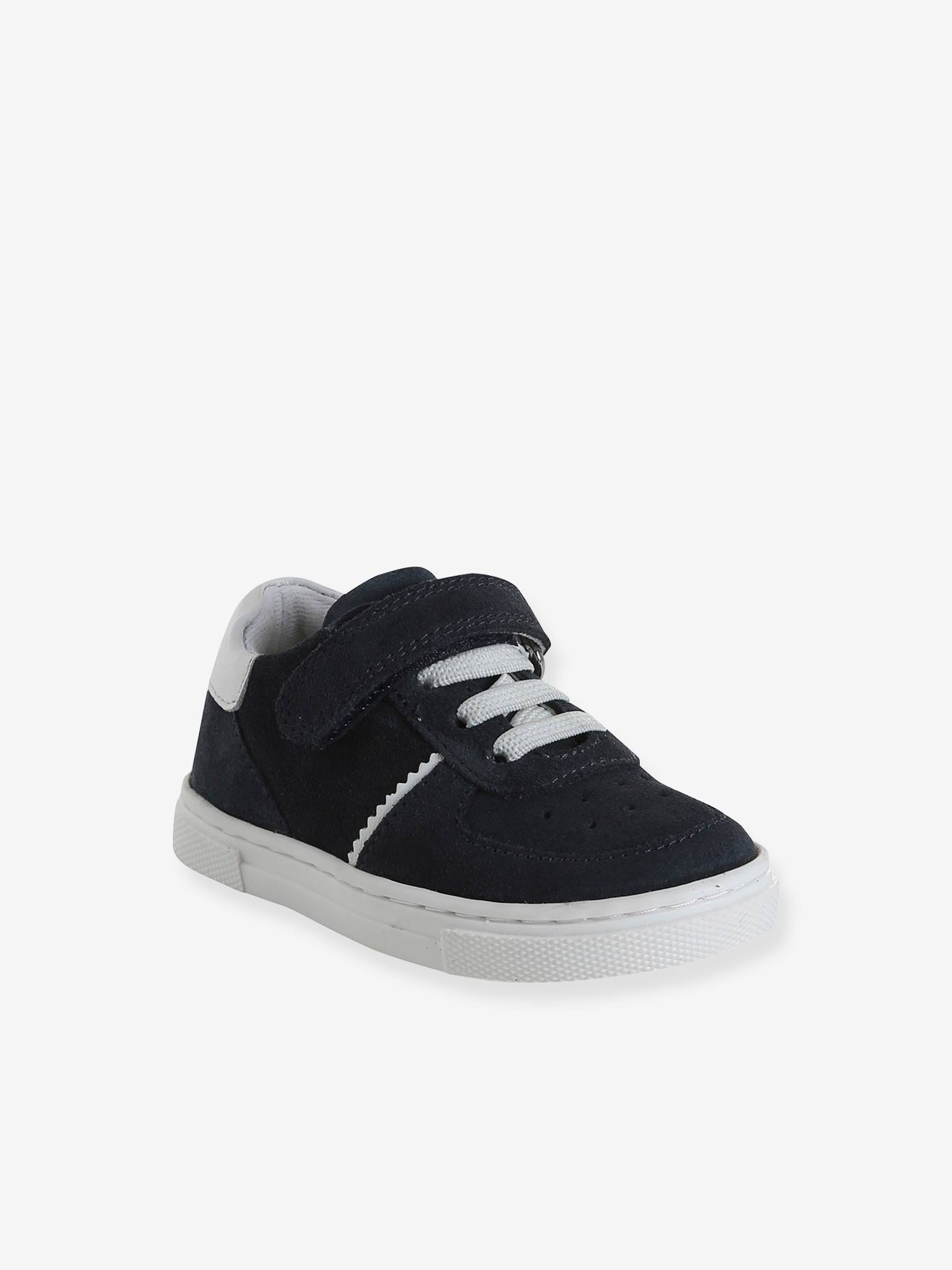 Baskets cuir lacées élastiqués et scratchées bébé marine