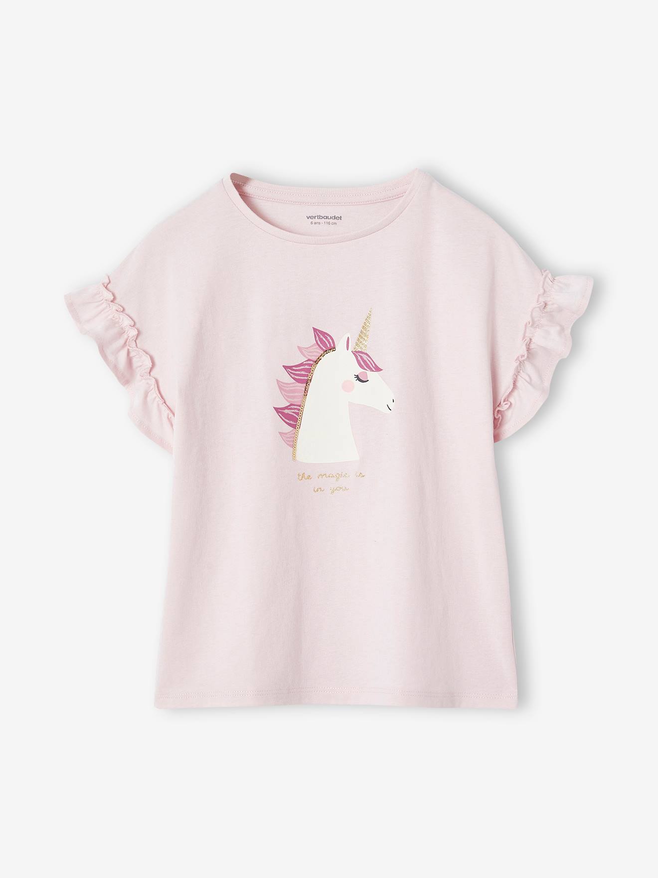 T-shirt fille motif fantaisie manches courtes volantées rose pâle